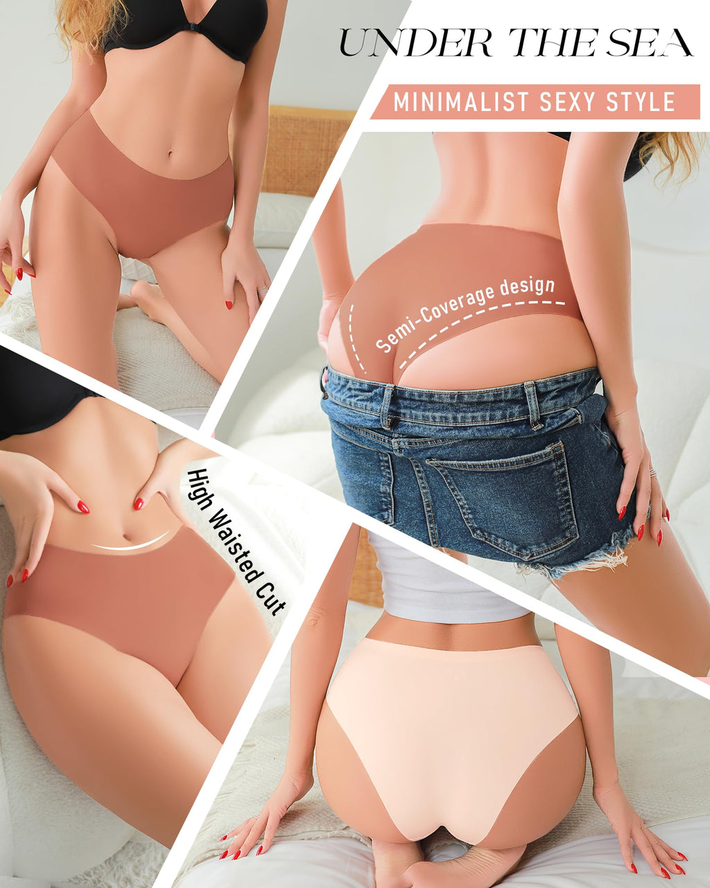 UNDER THE SEA Seamless Underwear for Women Plus Size Mid Rise Lingerie Brief Sexy No Show Panties Lingerie Cheeky Clothing Clothes outfits Apparel Gift Overnight Delivery Items Fashion 5 Pack XS-3XL