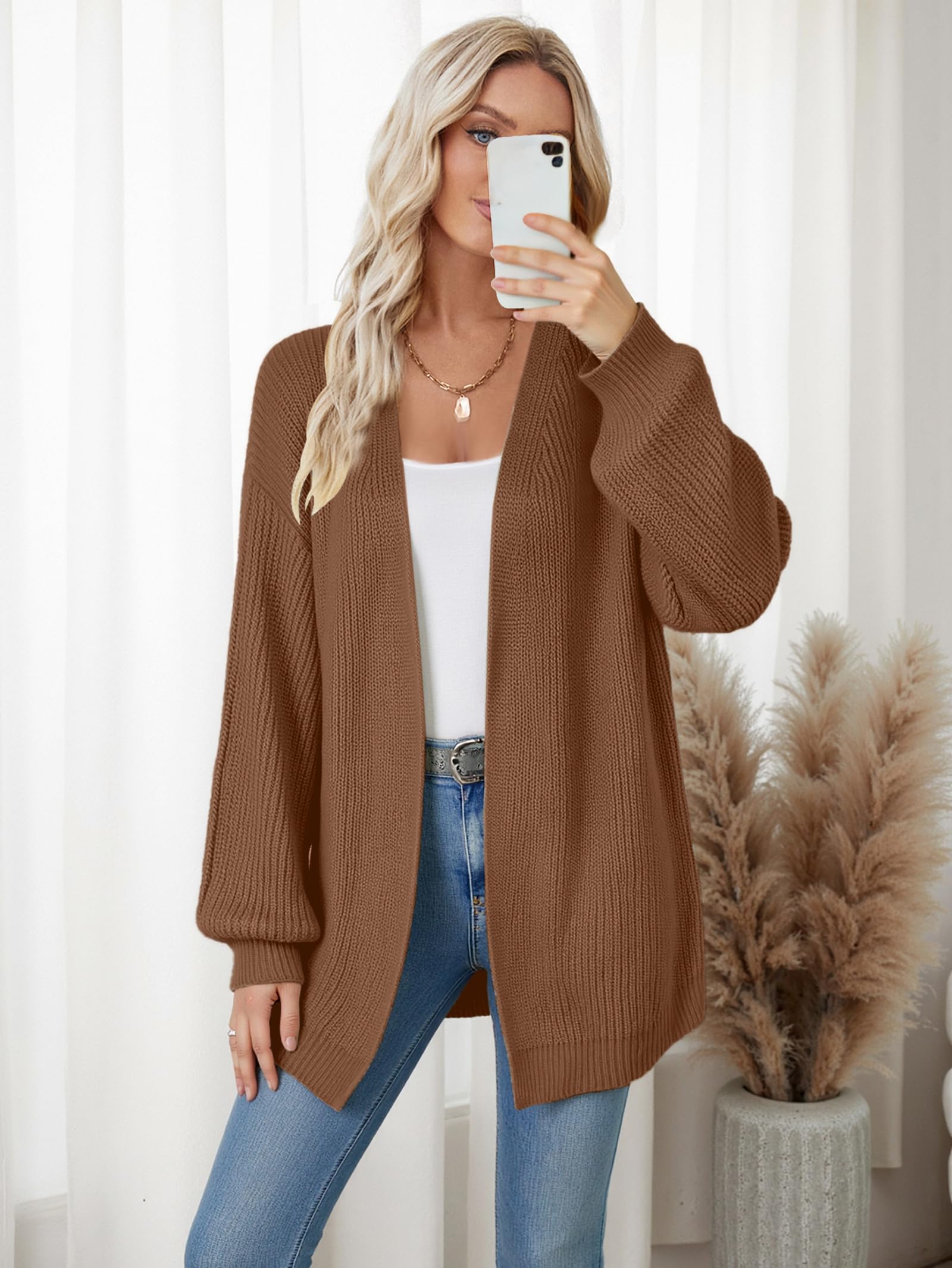 Libsorge Womens Long Cardigan Sweaters for Women Fall Winter Spring 2025 Trendy Outfits Chunky Waffle Knit Oversized Open Front Dressy Casual Lightweight Long Sleeve Cardigans Sweater Coffee Brown S