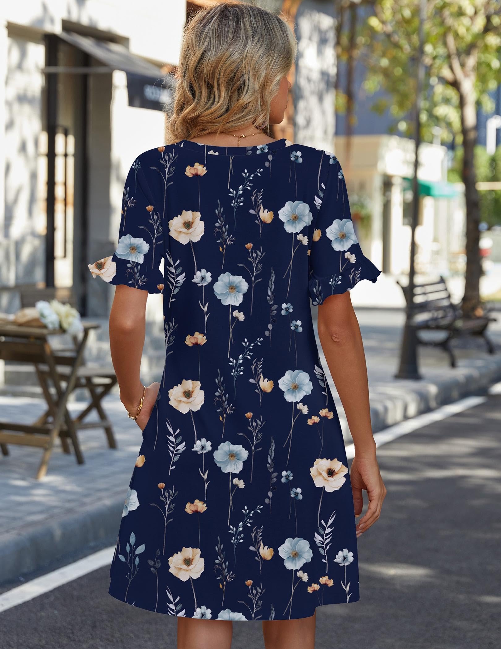 Zeagoo Plus Size V Neck Dress for Women Blue Floral Dress for Women 2026 Aline Dresses with Pockets Womens Short Sleeve T-Shirt Dress XXL