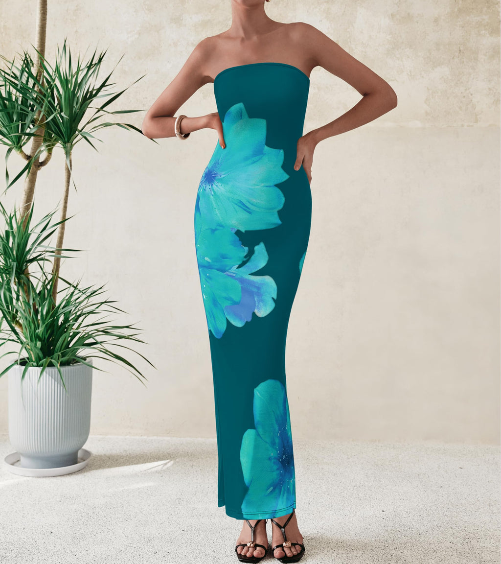 PRETTYGARDEN Women Summer Strapless Maxi Dress Bodycon Floral Sexy Long Wedding Guest Dress Formal Tube Mesh Cocktail Dresses(Dark Green Floral,Large)