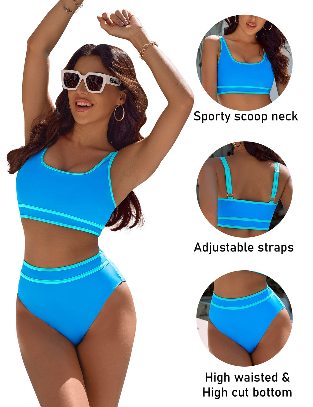 BMJL Women's High Waisted Bikini Sets Sporty Two Piece Swimsuits Color Block Cheeky High Cut Bathing Suits(M,Blue)