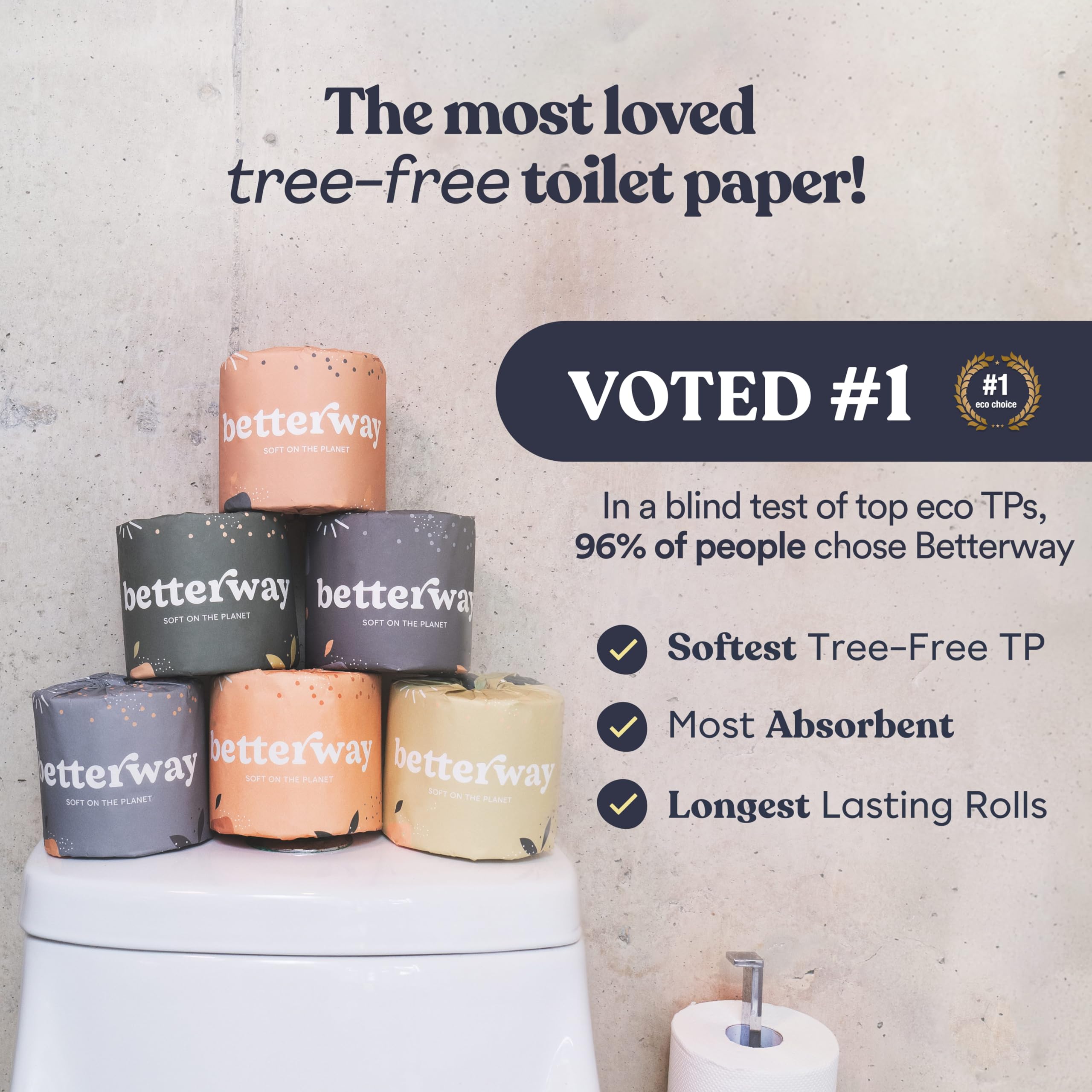 Betterway Bamboo Toilet Paper 3 Ply - Sustainable Toilet Tissue - 12 Long-Lasting Rolls & 360 Sheets Per Roll - Septic Safe - Organic, Plastic & PFAS Free - FSC Certified