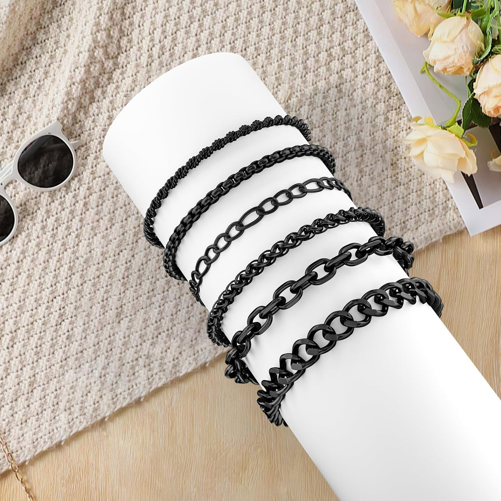 Aospkle 6PCS Stainless Steel Bracelets for Men Women, Black Cuban Link Rope Box Wheat Chain Paperclip Figaro Jewelry Set, 8 Inches