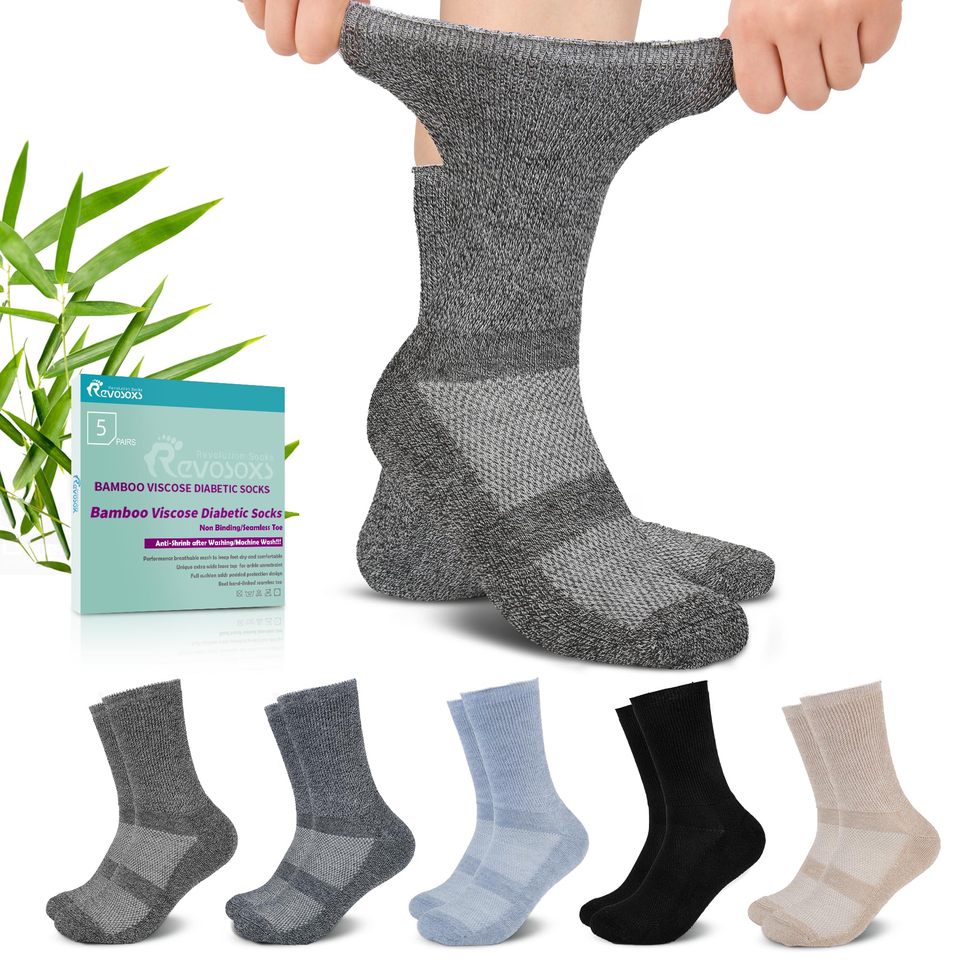 Revosoxs Diabetic Crew Socks for Men Women,Bamboo Viscose Non-Binding Loose Top Wide Socks with Seamless Toe 9-11 10-13（Dark B-Medium）