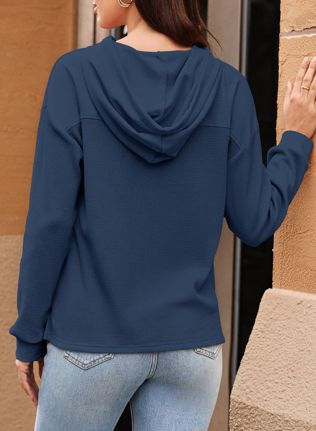 Dokotoo Sweatshirt for Women Trendy Waffle Knit Tops Casual Cute Solid Long Sleeve Women's Fashion Hoodies & Sweatshirts Fall 2025 Lightweight Drawstring Hoodie Dark Blue Large