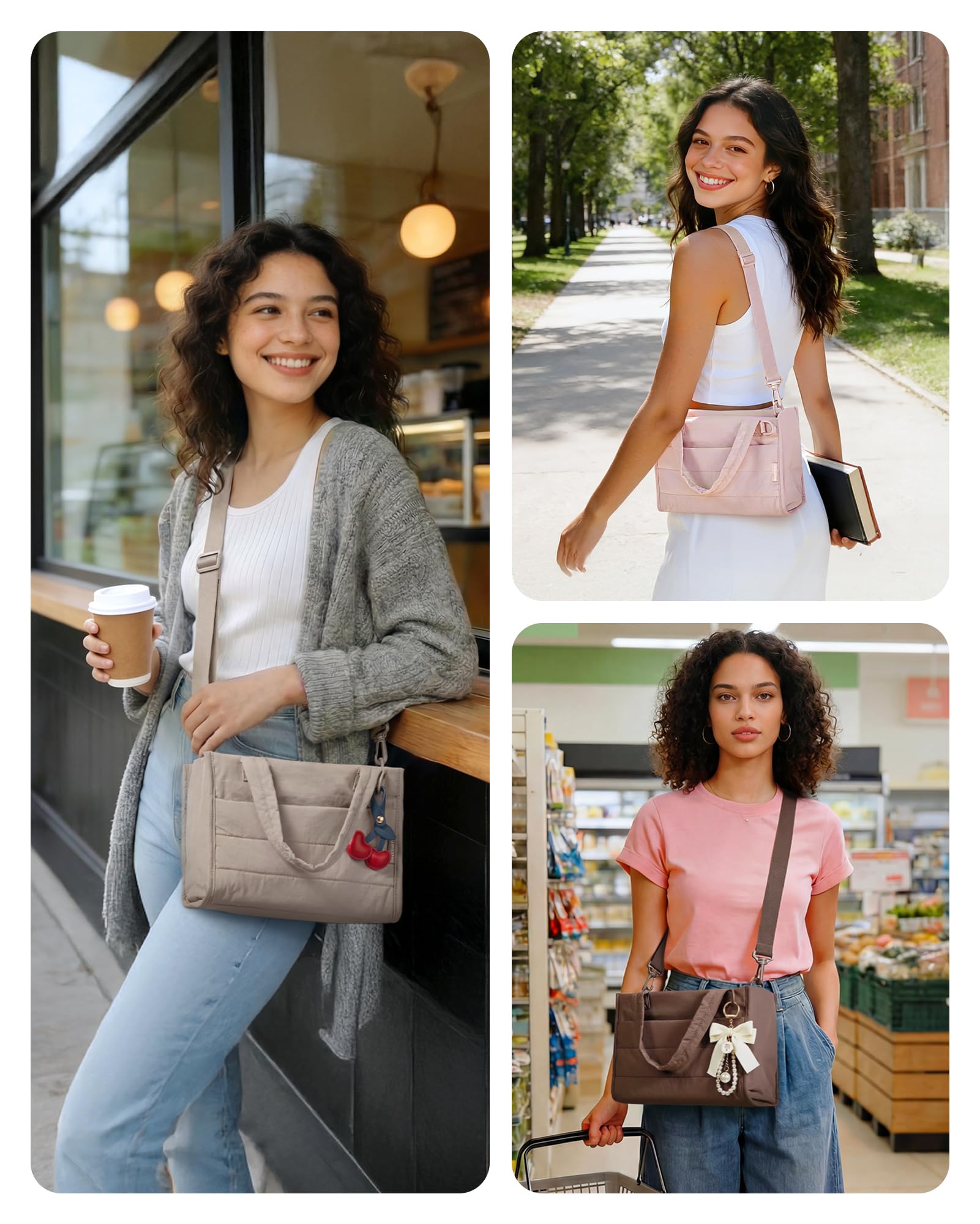 BAGSMART Mini Tote Bag for Women, Puffer Quilted Crossbody Purses, Zipper Closure for Work Travel College, Coffee