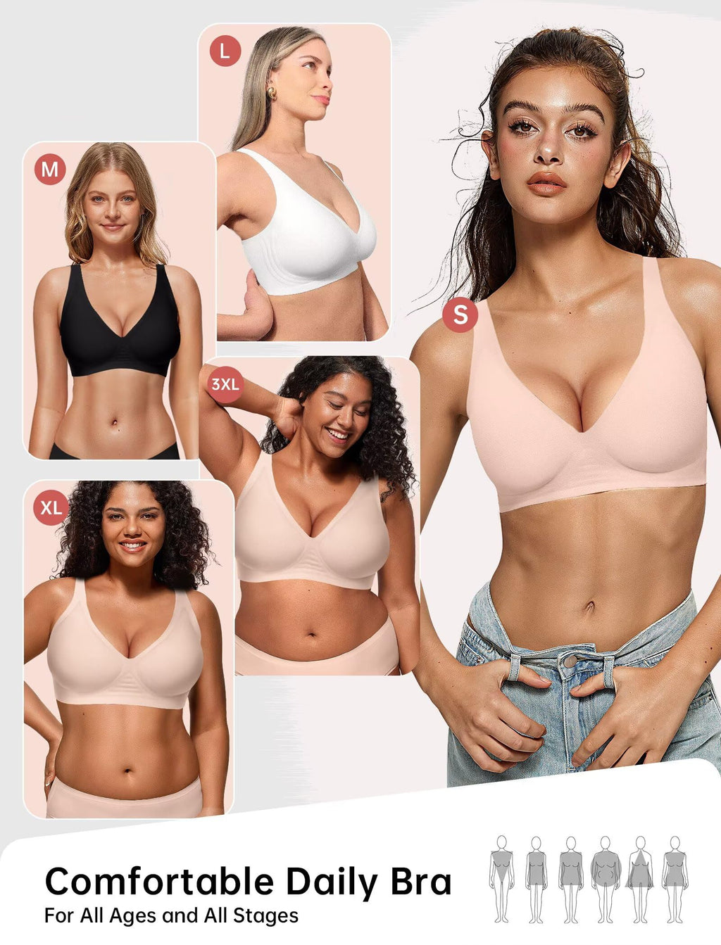 Vertvie Jelly Wireless Bras for Women Push Up Plunge Seamless T-Shirt Bras No Underwire Supportive Full Coverage Bralettes(Nude,Large)