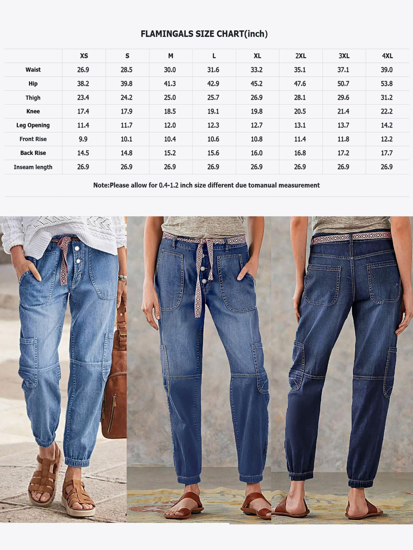 Flamingals Straight Leg Button Fly Jeans for Women Multi Pocket Mid Rise Jeans Without Belt Barrel Pants 27" Inseam Mid Blue L