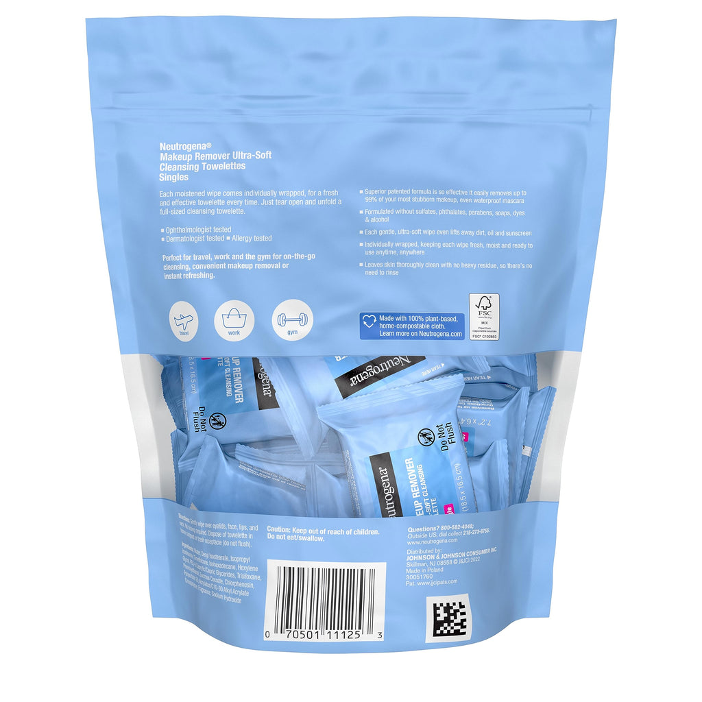 Neutrogena Makeup Remover Wipes, Daily Single Face Cleansing Towelettes, Makeup Removing Cleansing Wipes Removes Dirt & Oil, Alcohol-Free Face Towelettes, 20 ct