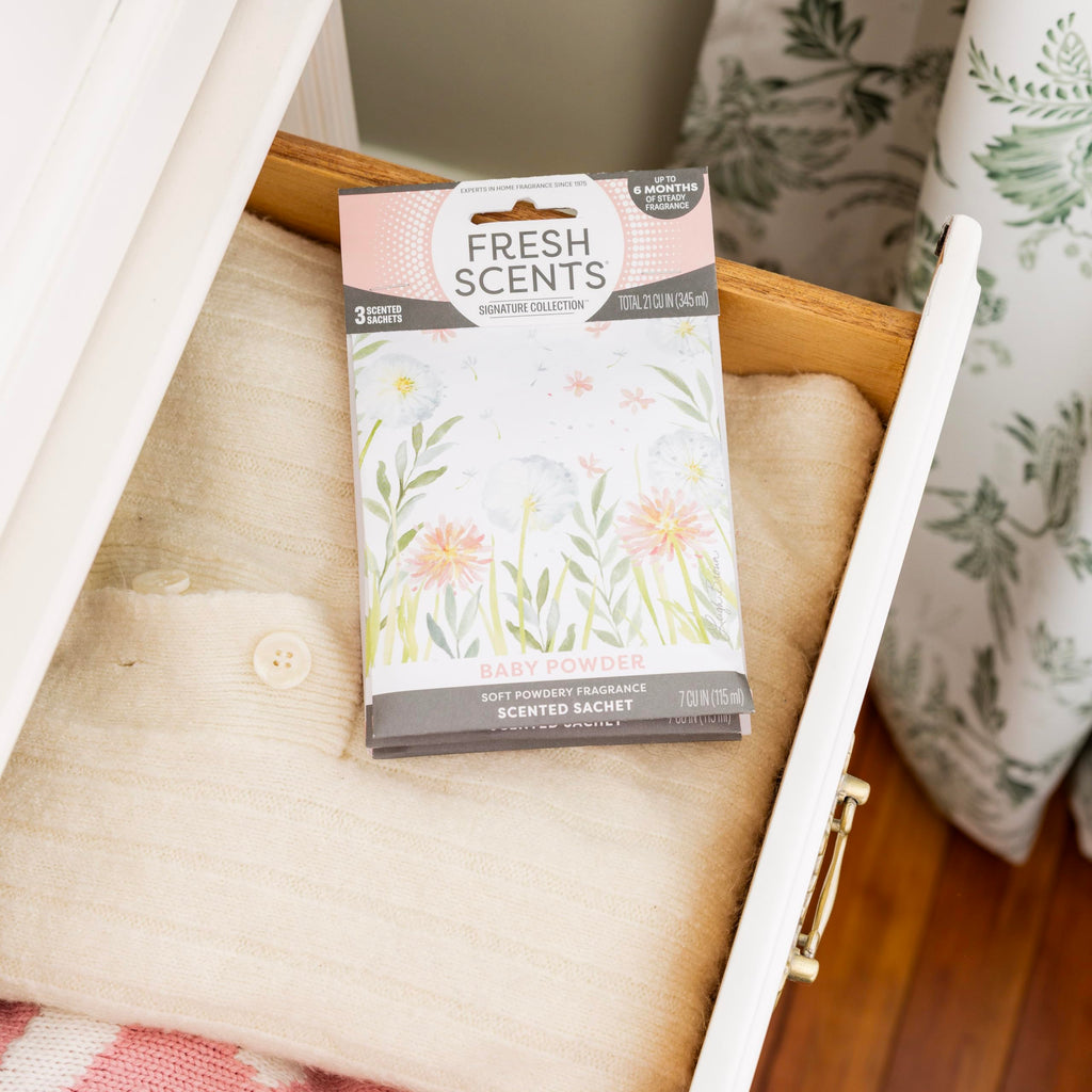 Fresh Scents Scented Sachets | Baby Powder | Home Fragrance | Long Lasting (Up to 6 Months) | Air Freshener for Closets, Drawers, & Cars | 6 Pack