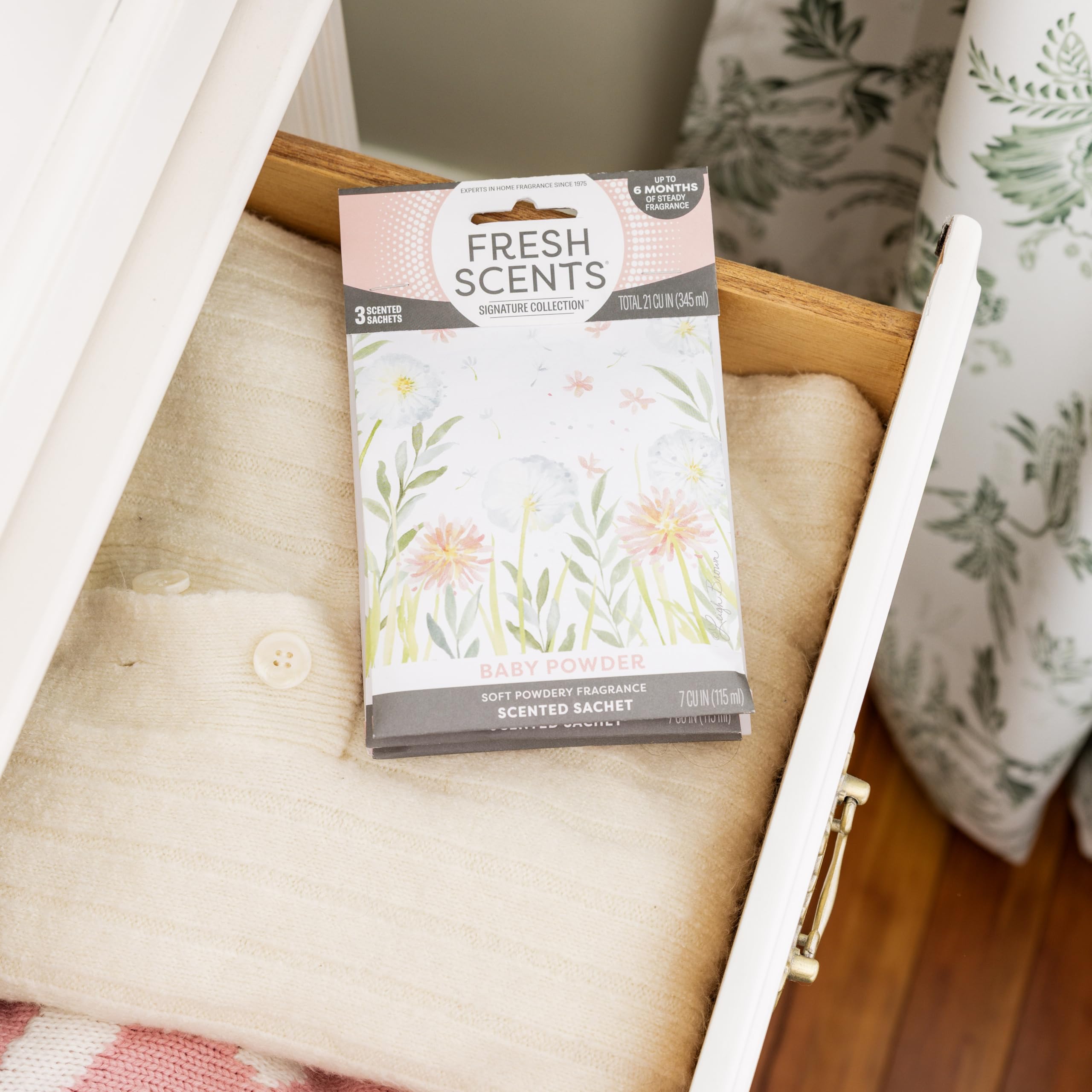 Fresh Scents Scented Sachets | Baby Powder | Home Fragrance | Long Lasting (Up to 6 Months) | Air Freshener for Closets, Drawers, & Cars | 6 Pack