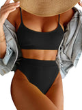 Lilosy Petite High Waisted Tummy Control Bikini Ribbed Sporty Brazilian Swimsuit Set Women Highwaisted Cheeky Cut Leg Rise Bottom Crop Push Up Top 2 Piece Bathing Suit Black X-Small