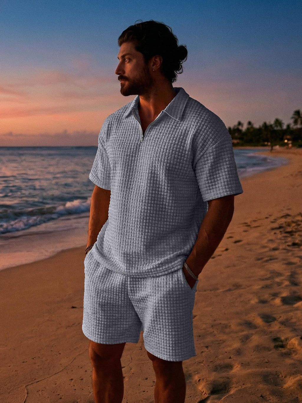 JMIERR Men's Casual Summer Set Textured Short Sleeve Shirt and Shorts 2 Piece Beach Outfit, Light Grey, M