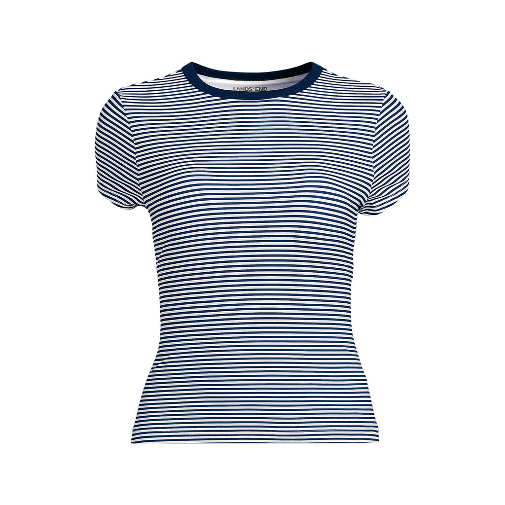 Lands' End Women's Sunshade UPF 50 Cap Sleeve Fitted with Built in Bra Rash Guard X-Large Deep Sea Navy Mini Stripe