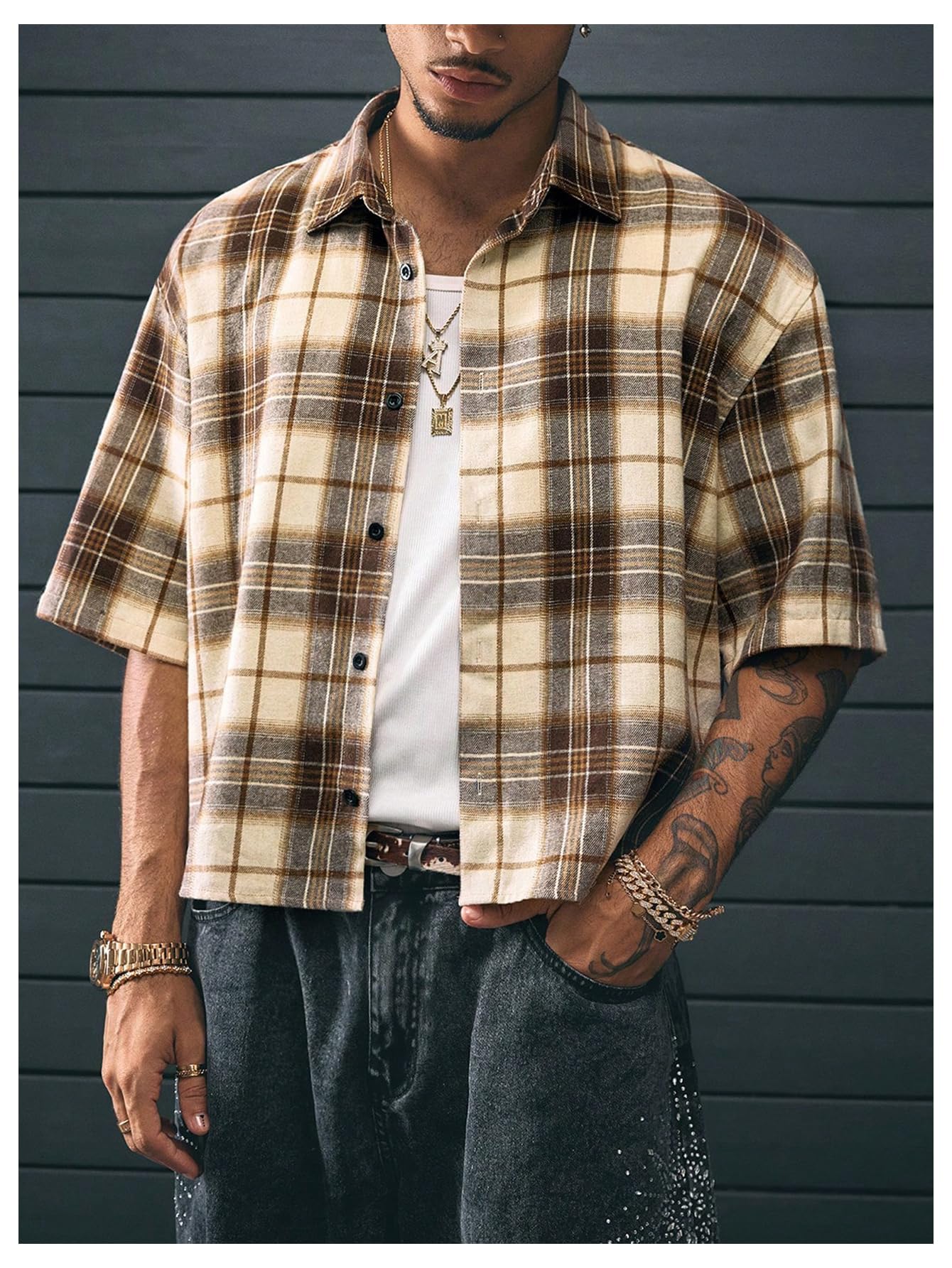 GORGLITTER Men's Gingham Cropped Shirt Button Up Number Graphic Boxy Short Sleeve Vacation Crop Tee Tops Streetwear Brown Large