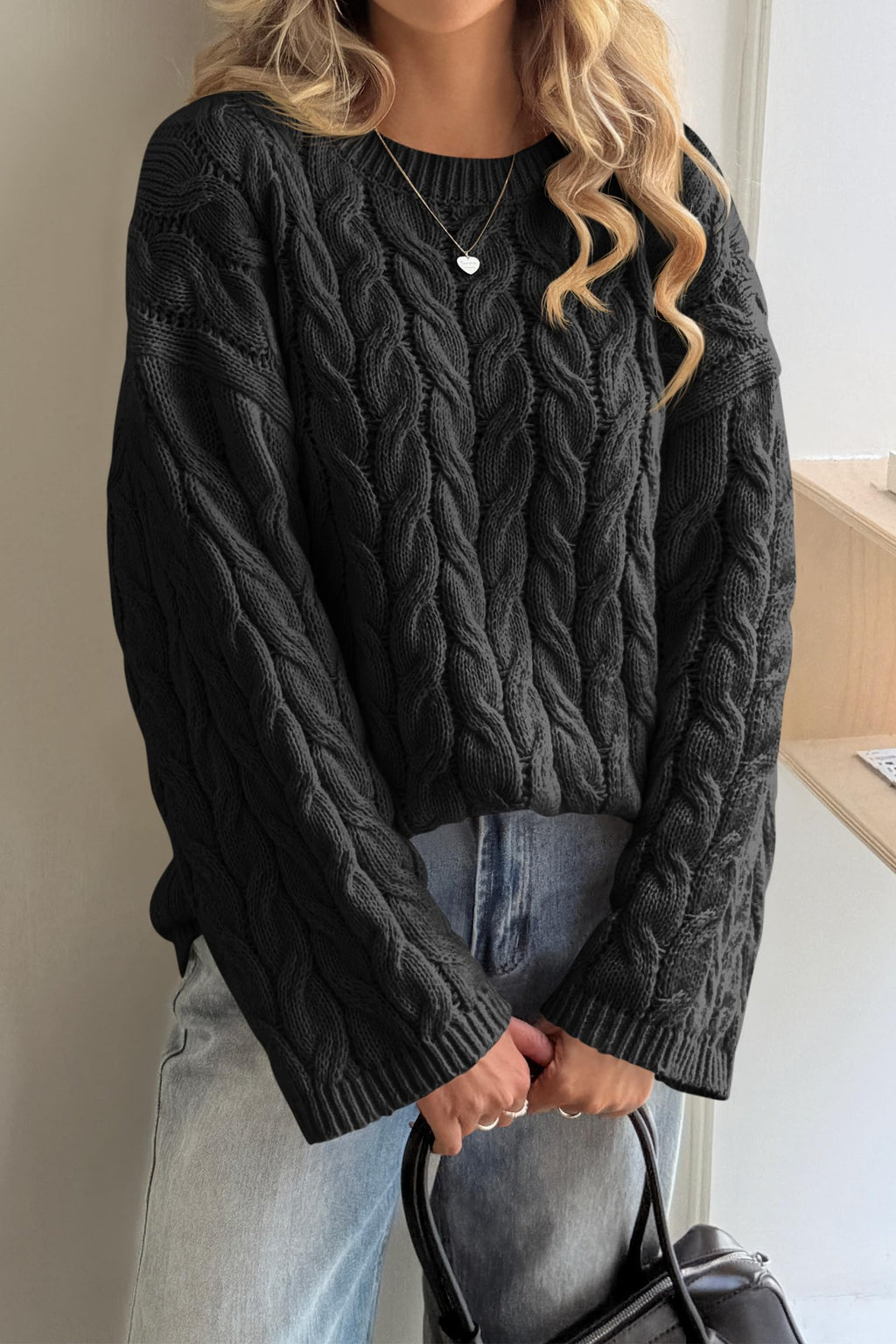Cicy Bell Womens Oversized Cable Knit Sweaters Long Sleeve Crewneck Chunky Loose Fit Pullover Tops Black