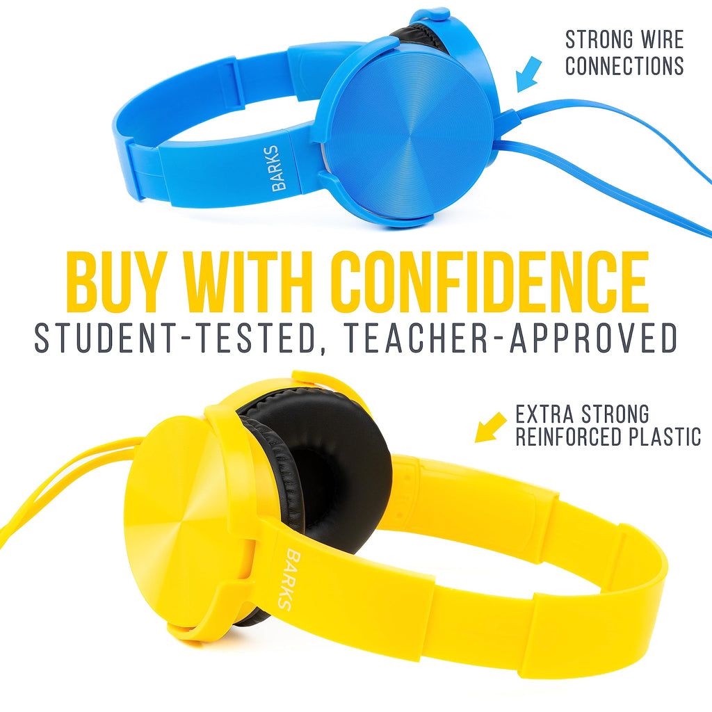 Barks Classroom Headphones (10 Pack, Mixed Colors) - On-Ear Premium Student Bulk Headphones: Perfect for Kids K-12, Schools & Class Sets (Colorful, Durable, Noise Reducing, Comfortable, Easy-to-Clean)