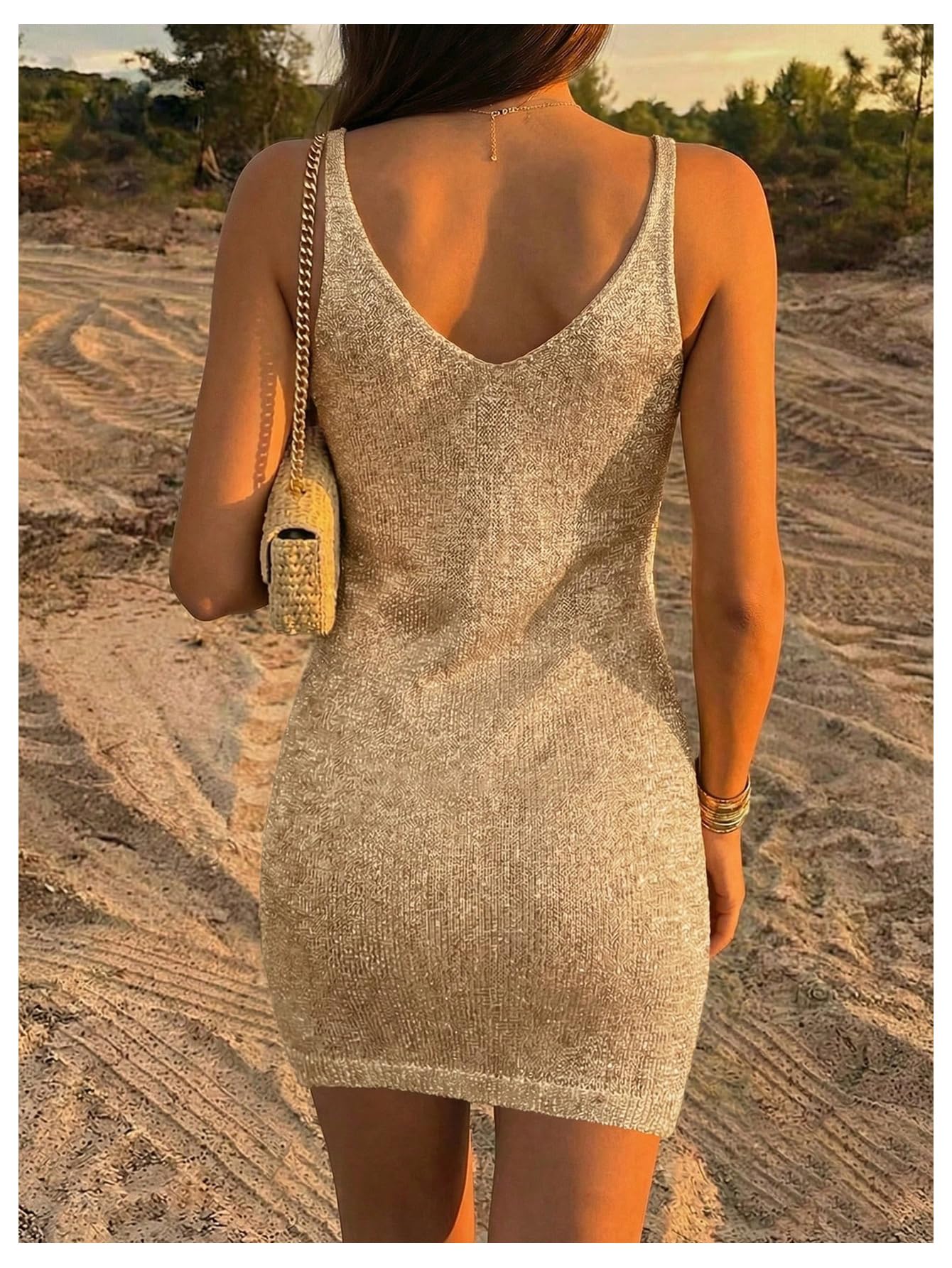 WDIRARA Women's Swimsuit Coverup Shiny Drawstring Crochet Knit Beach Dress Cover Ups Khaki Small
