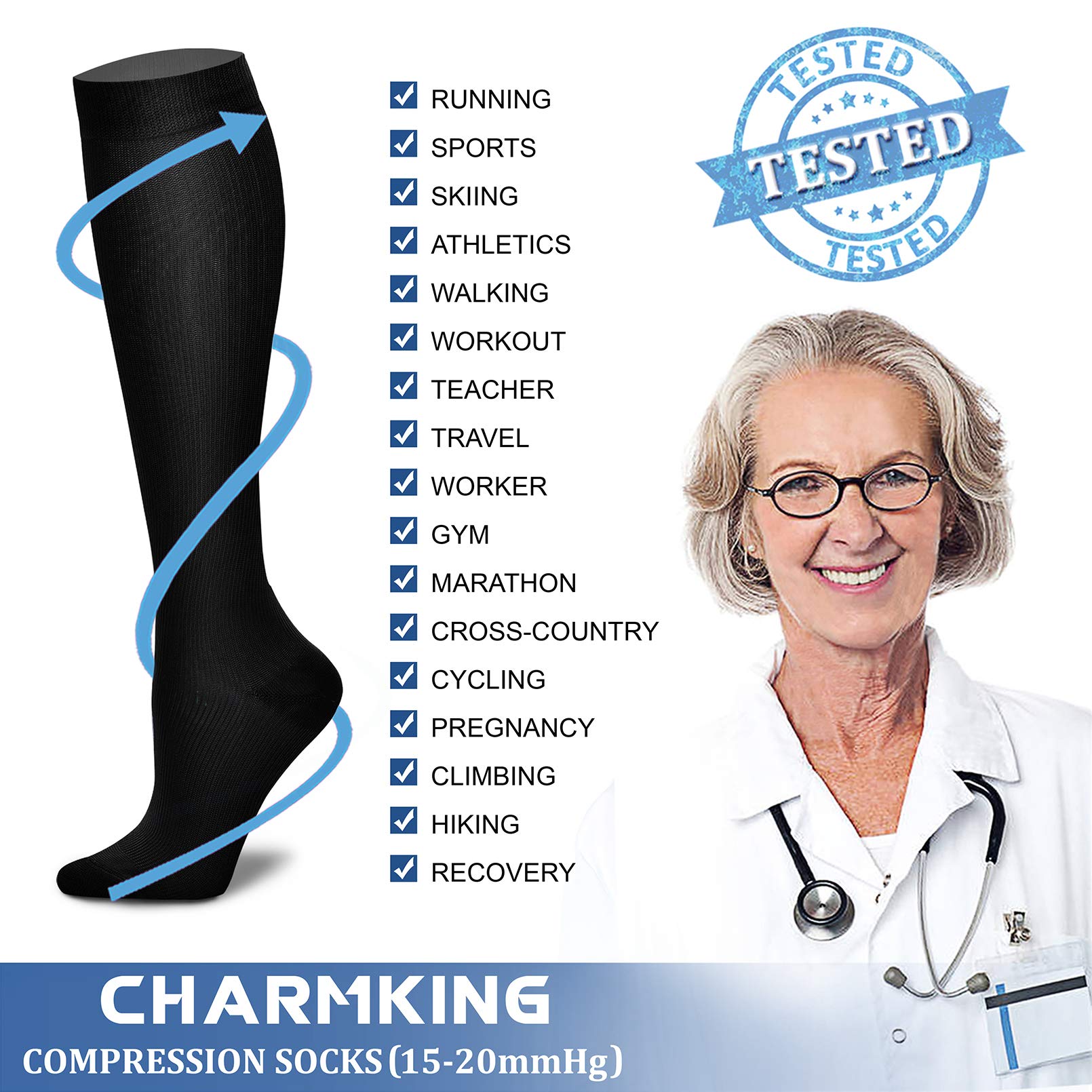 CHARMKING Compression Socks for Women & Men Circulation (3 Pairs) 15-20 mmHg is Best Athletic for Running, Flight Travel, Support, Cycling, Pregnant - Boost Performance, Durability (S/M,Black)