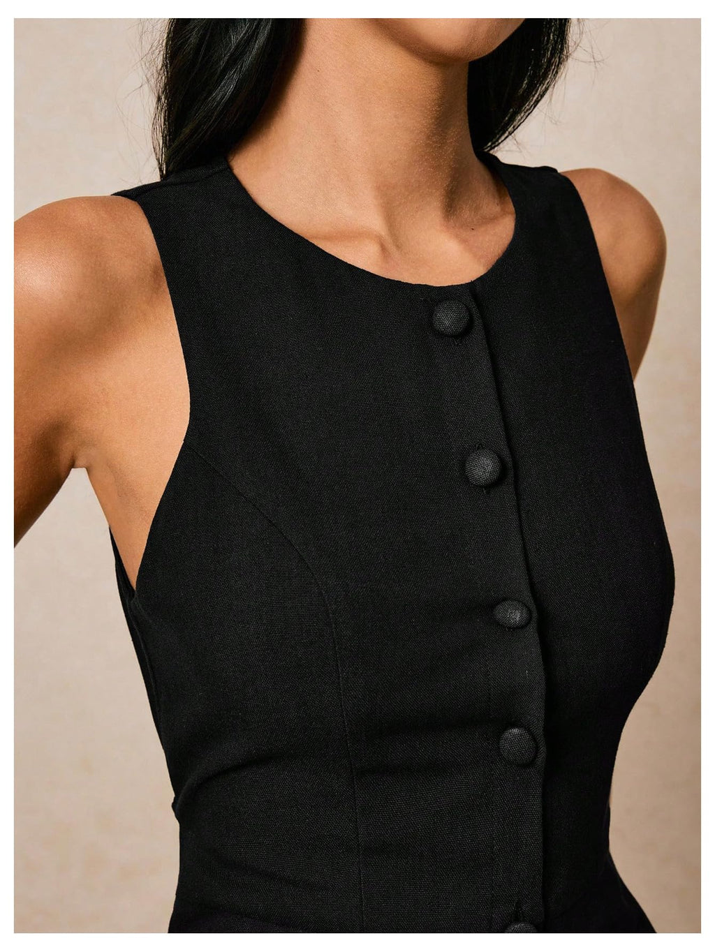 WDIRARA Women's Button Down Sleeveless Midi Dress Crew Neck Tie Back Dressy Tank Dress with Pockets Black Medium