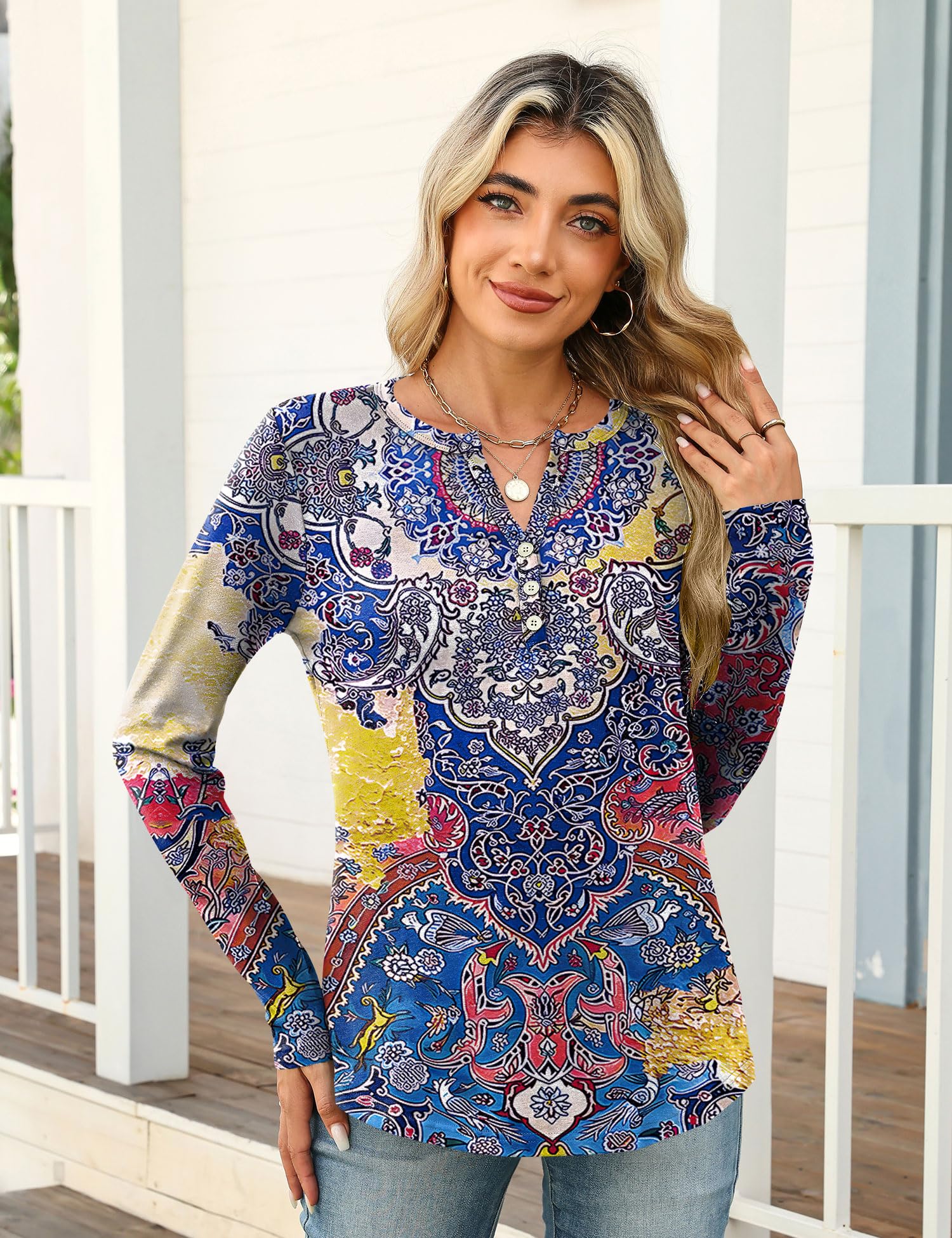 Bashafo Winter Outfits for Women V Neck Long Sleeve Shirts for Women Winter Clothes Trend 2025 Ethnic Prints L