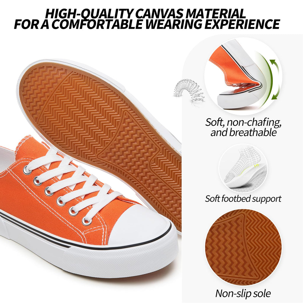 Adokoo Canvas Tennis Shoes for Women Low Top Casual White Black Sneakers for Women Lace Up Fashion Comfortable Walking Shoes (Orange,11)
