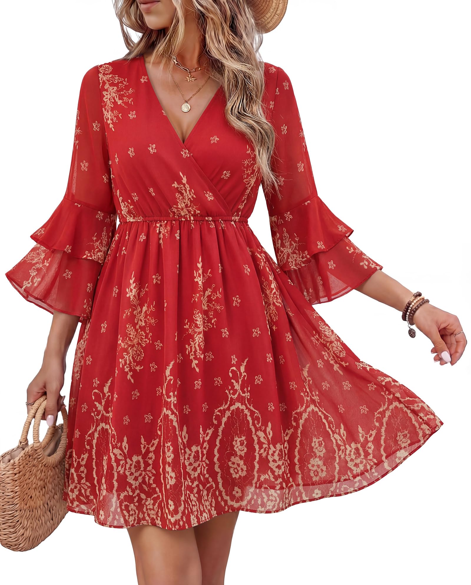 Bebonnie Plus Size Dresses for Curvy Women: Womens Summer Boho Cruise Dubai Luxury Travel Tropical Old Money Dress Wrinkle Free Elegant Wedding Guest Flattering Dresses to Hide Tummy Red Gold XXL