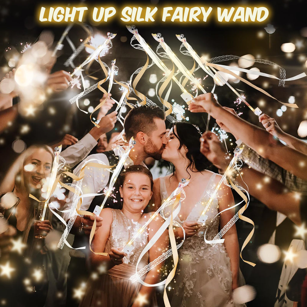 HONLYNE 100 PCS Wedding Wands with Lights,Fairy Wands, LED Silk Fairy Wand with Bells for Wedding Send Off, New Year, Raves, Concert, Birthday