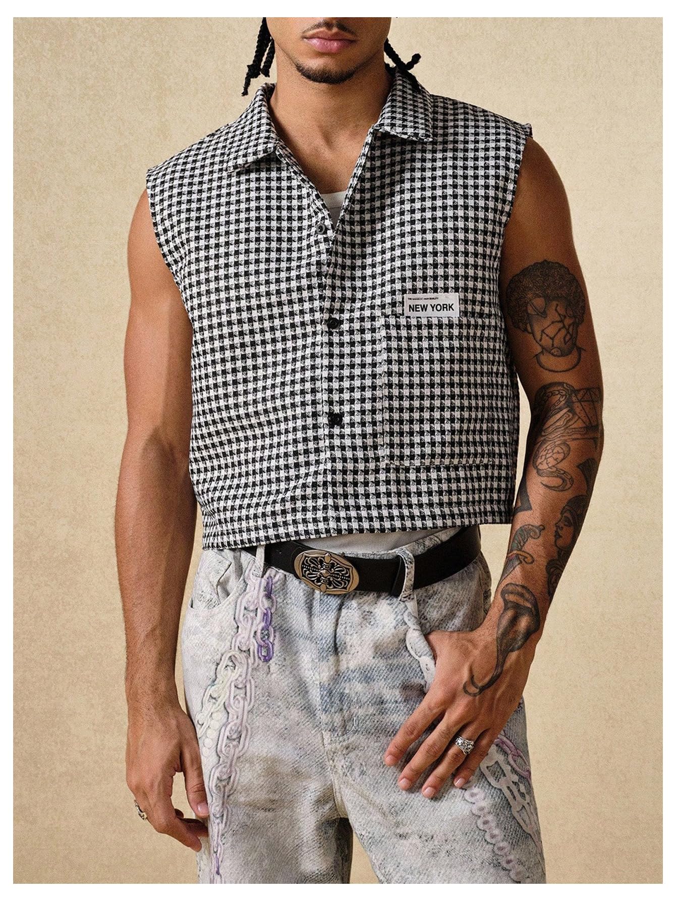 GORGLITTER Men's Gingham Plaid Cropped Shirt Button Up Sleeveless Boxy Y2K Collar Streetwear Vest Tops Black and White Small