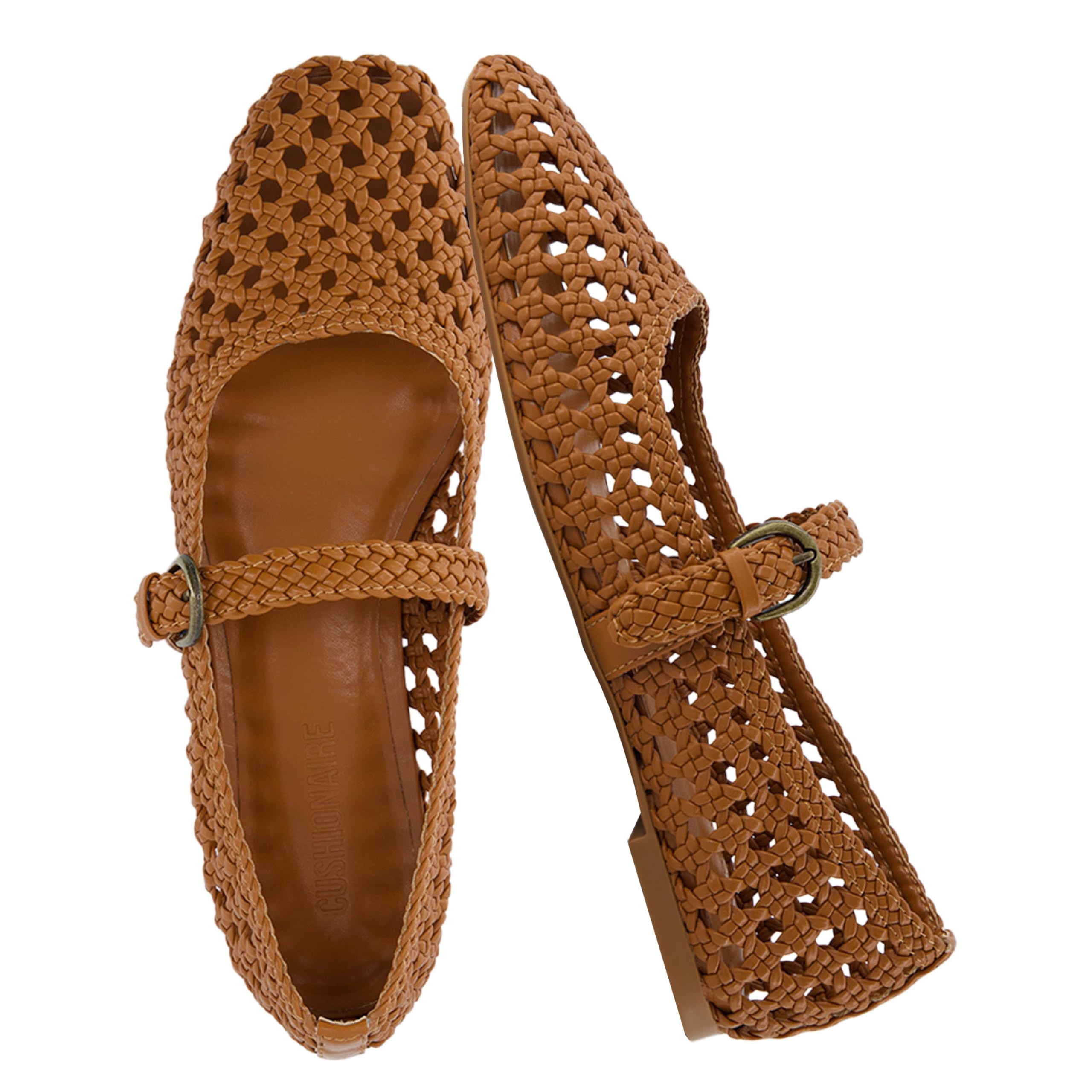 CUSHIONAIRE Weston Hand Woven Mary Jane Flats for Women, Comfortable Dressy Ballet Flats with Braided Adjustable Buckle and Memory Foam Cushioning, Cognac 8.5