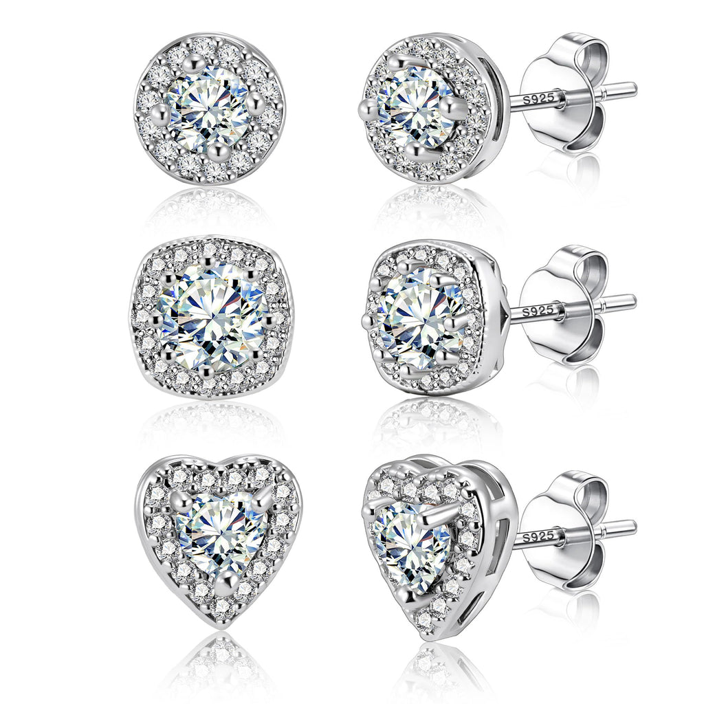 ALEXCRAFT Sterling Silver Halo Stud Earrings for Women Cubic Zirconia Round Heart Square Diamond Large Silver Studs Set Earring for Men 3 Pairs