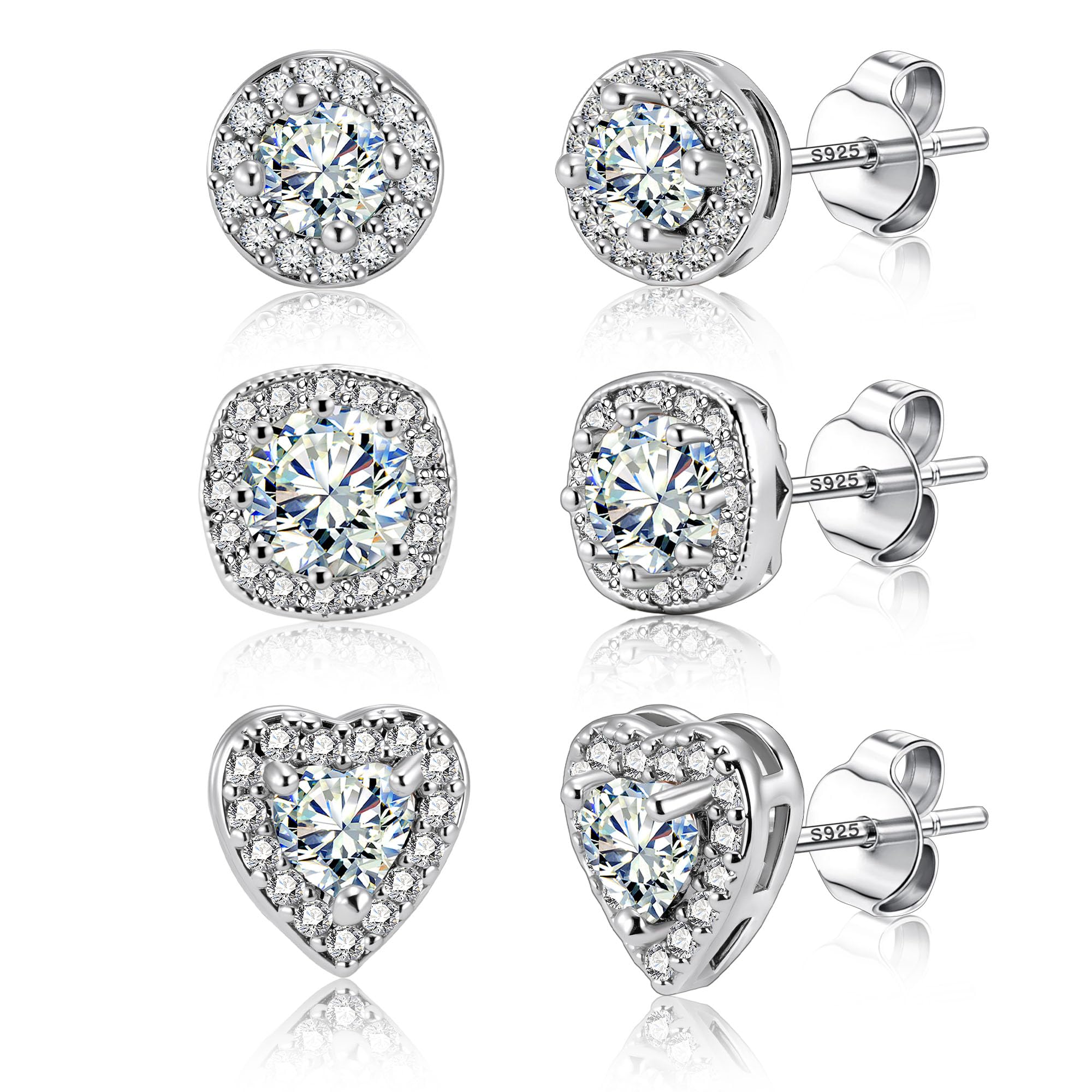 ALEXCRAFT Sterling Silver Halo Stud Earrings for Women Cubic Zirconia Round Heart Square Diamond Large Silver Studs Set Earring for Men 3 Pairs
