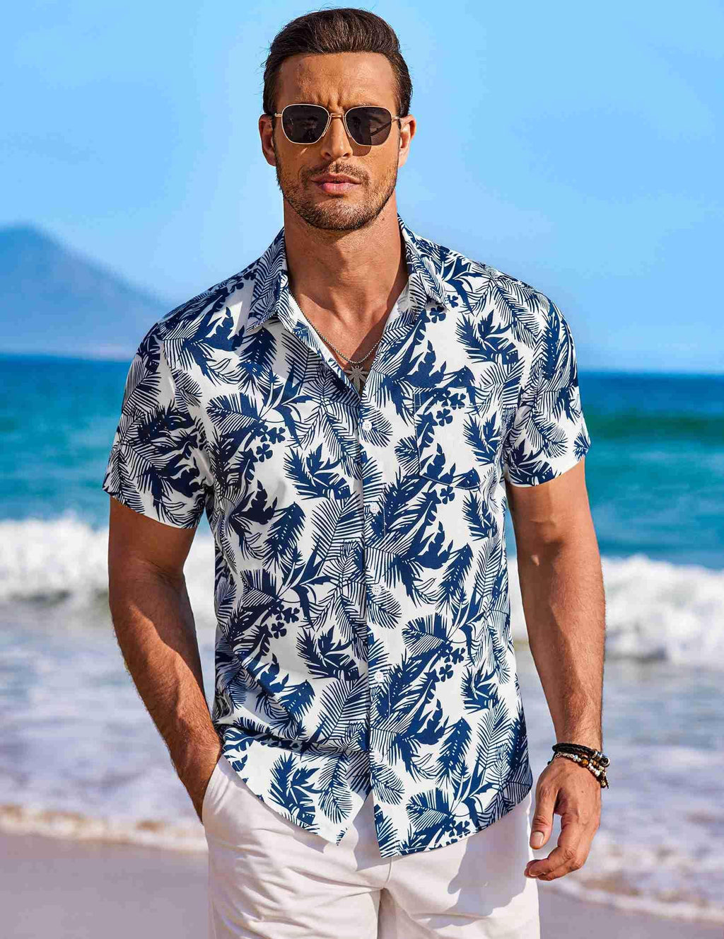 COOFANDY Men's Short Sleeve Hawaiian Shirts Casual Summer Vacation Shirts, White - Palm Leaf, X-Large