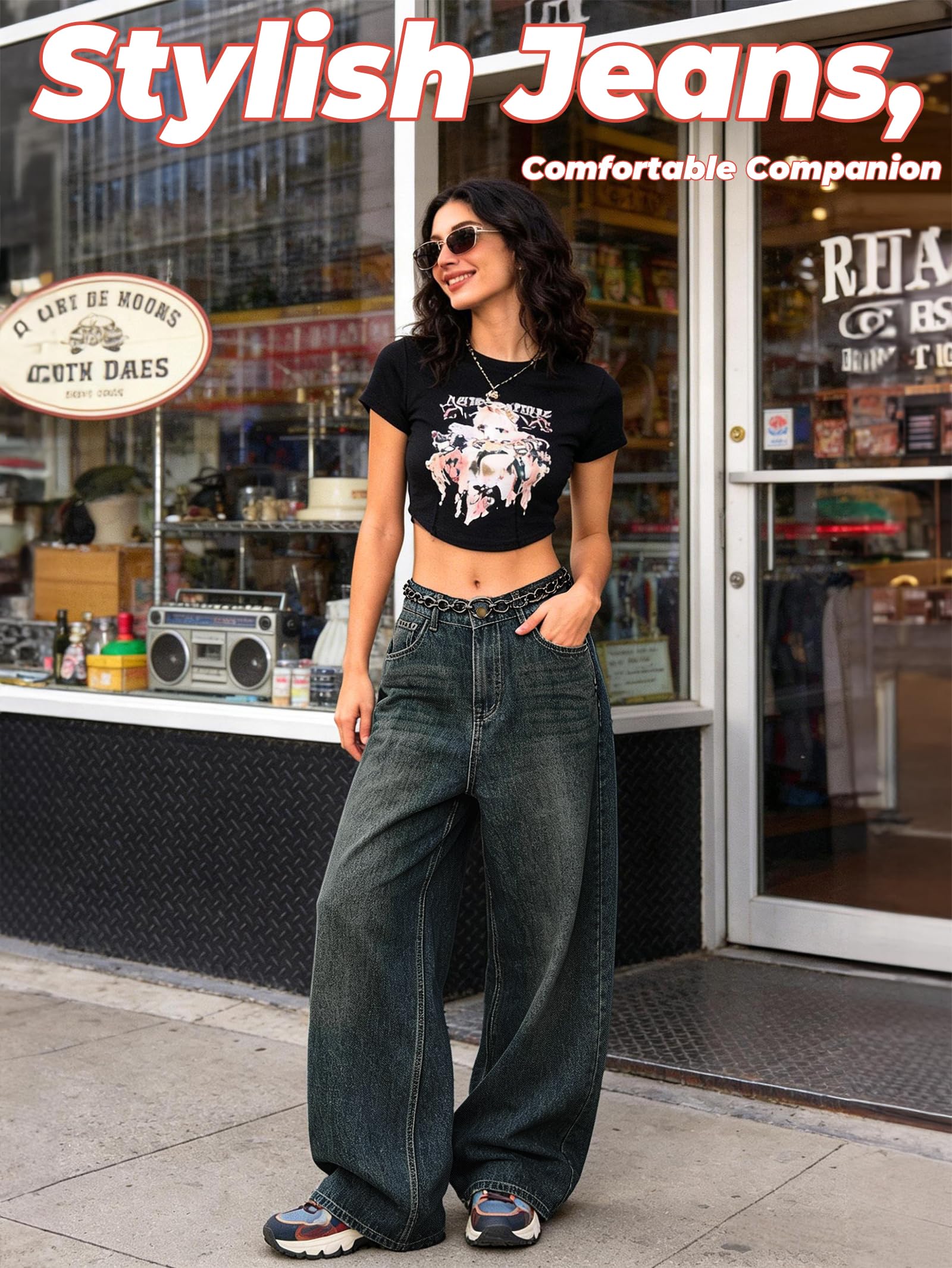 EMMIOL Jeans for Women Wide Leg Baggy Jeans Y2K Casual Loose Boyfriends Trousers Vintage Streetwear Black,S