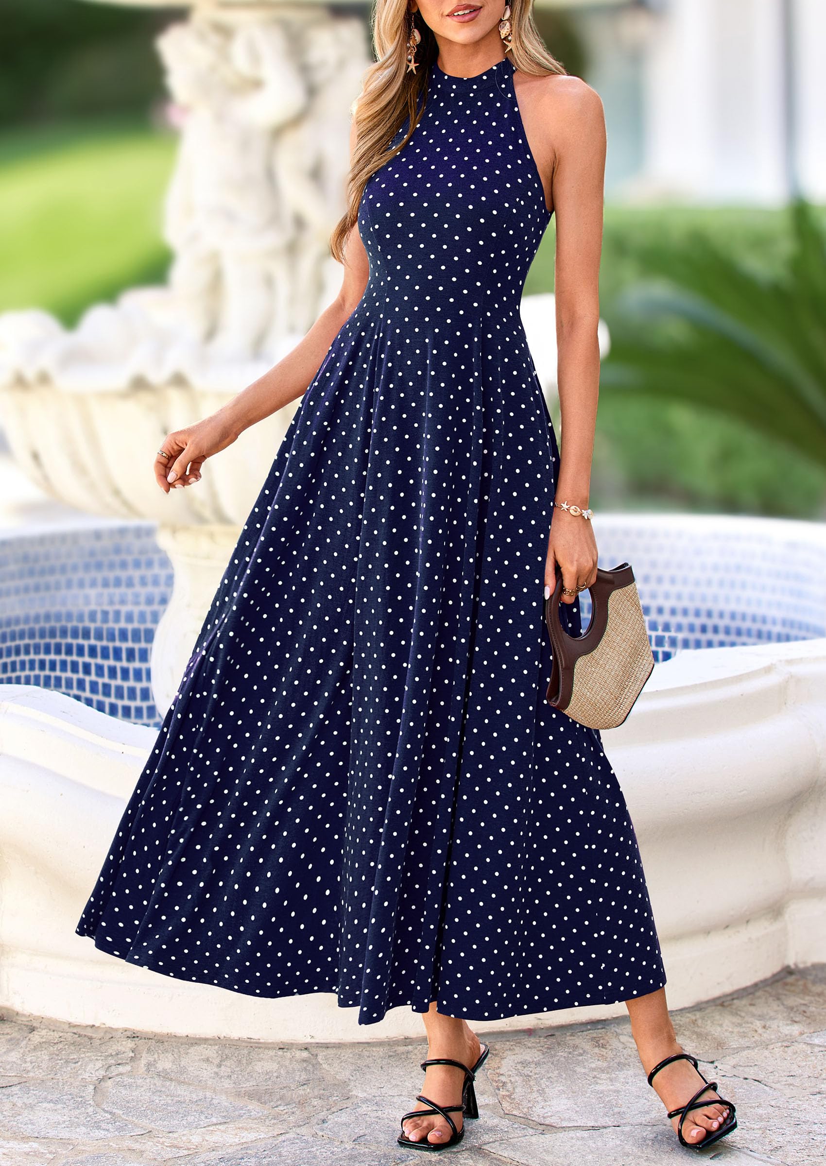 PRETTYGARDEN Summer Halter Dresses for Women 2026 Vacation Outfits Sleeveless Polka Dot Sundress Wedding Guest Maxi Dress(Dot Dark Blue White,Medium)