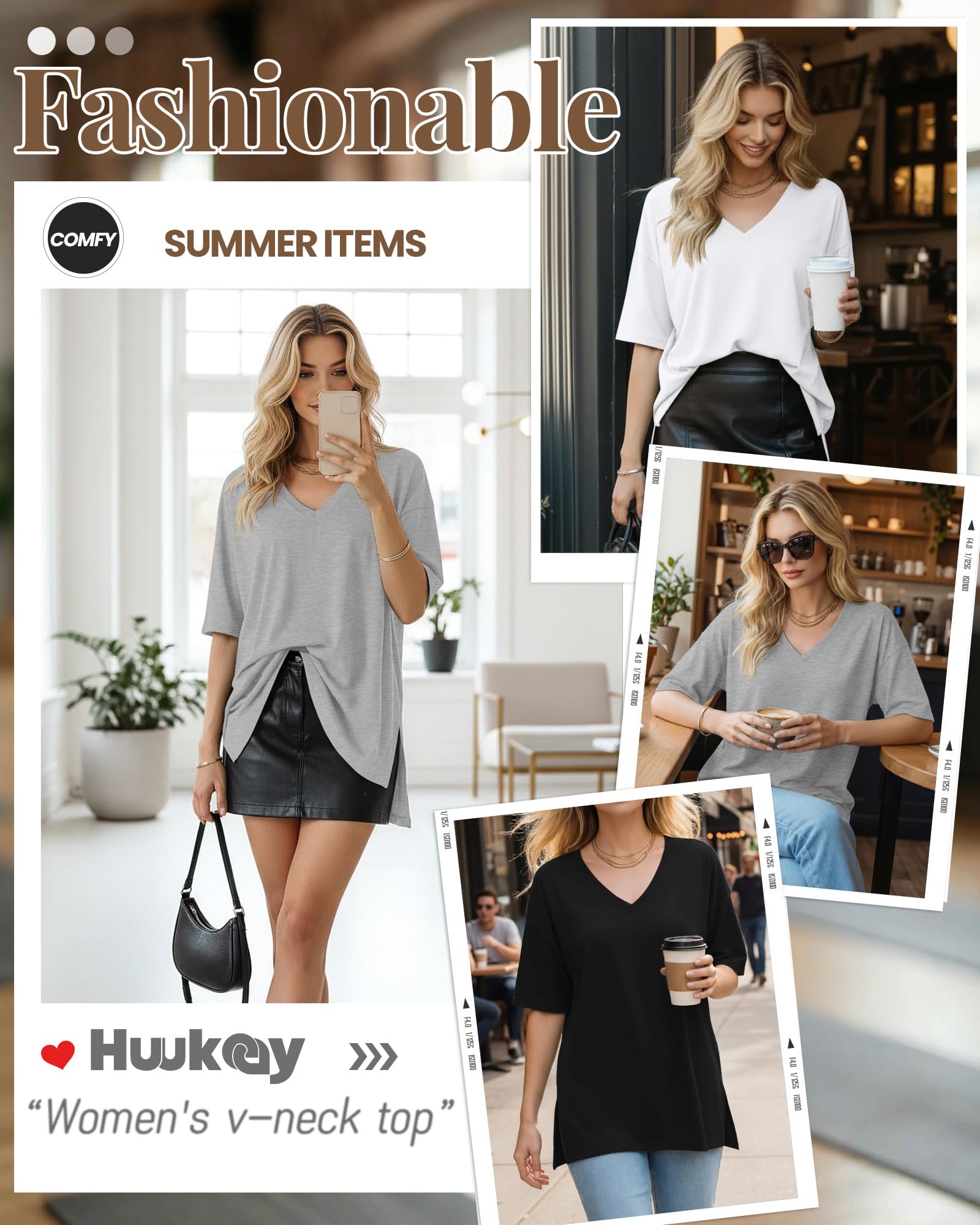 Huukeay 3 Pack Oversized Shirts for Women V Neck Workout T Shirt Casual Side Split Tee Short Sleeve Loose Tops Tunic Tops(Black, White, Gray,X-Large)