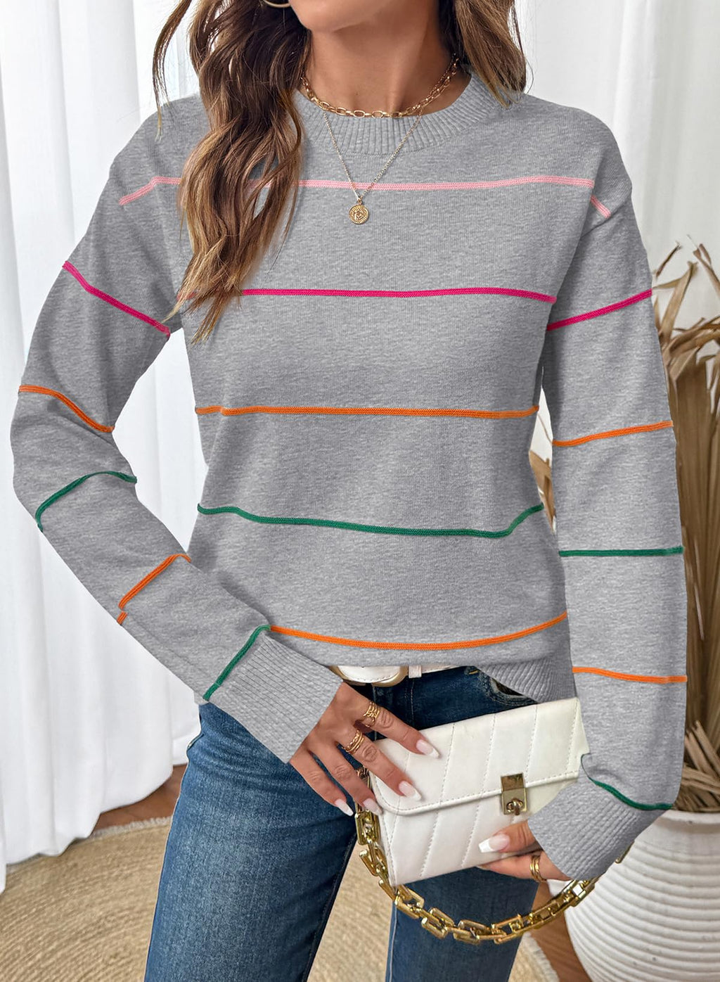 SHEWIN Womens Tops Dressy Casual Crew Neck Striped Sweater Women Lightweight Fall Tops for Women 2025 Long Sleeve Tops Womens Sweaters Grey Medium