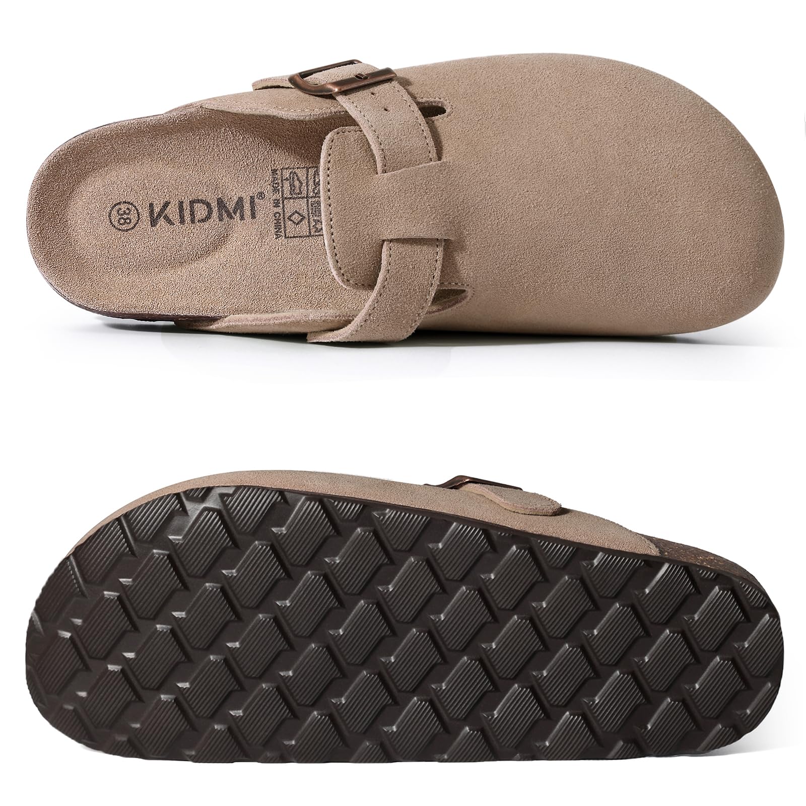 KIDMI Genuine Suede Clogs for Women Cork Footbed Sandals Leather Mules Potato Shoes with Arch Support Taupe 41 (Size 9-9.5)