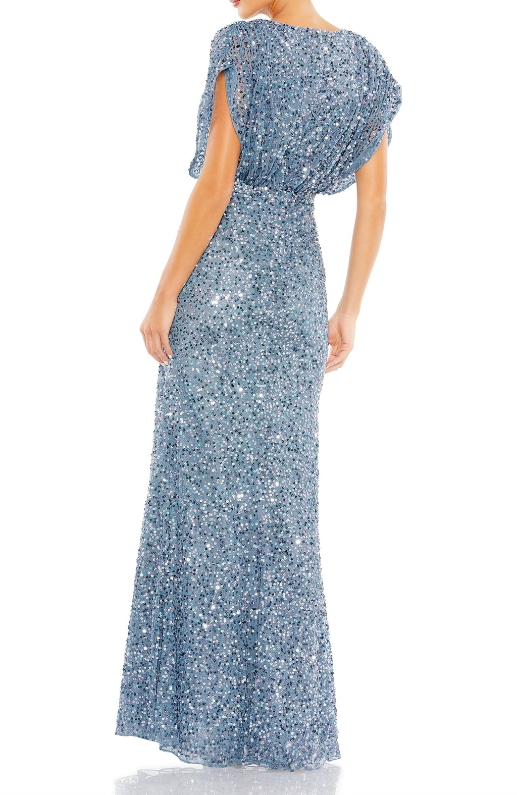 Mac Duggal Draped Sleeve Sequin V-Neck Gown Slate Blue