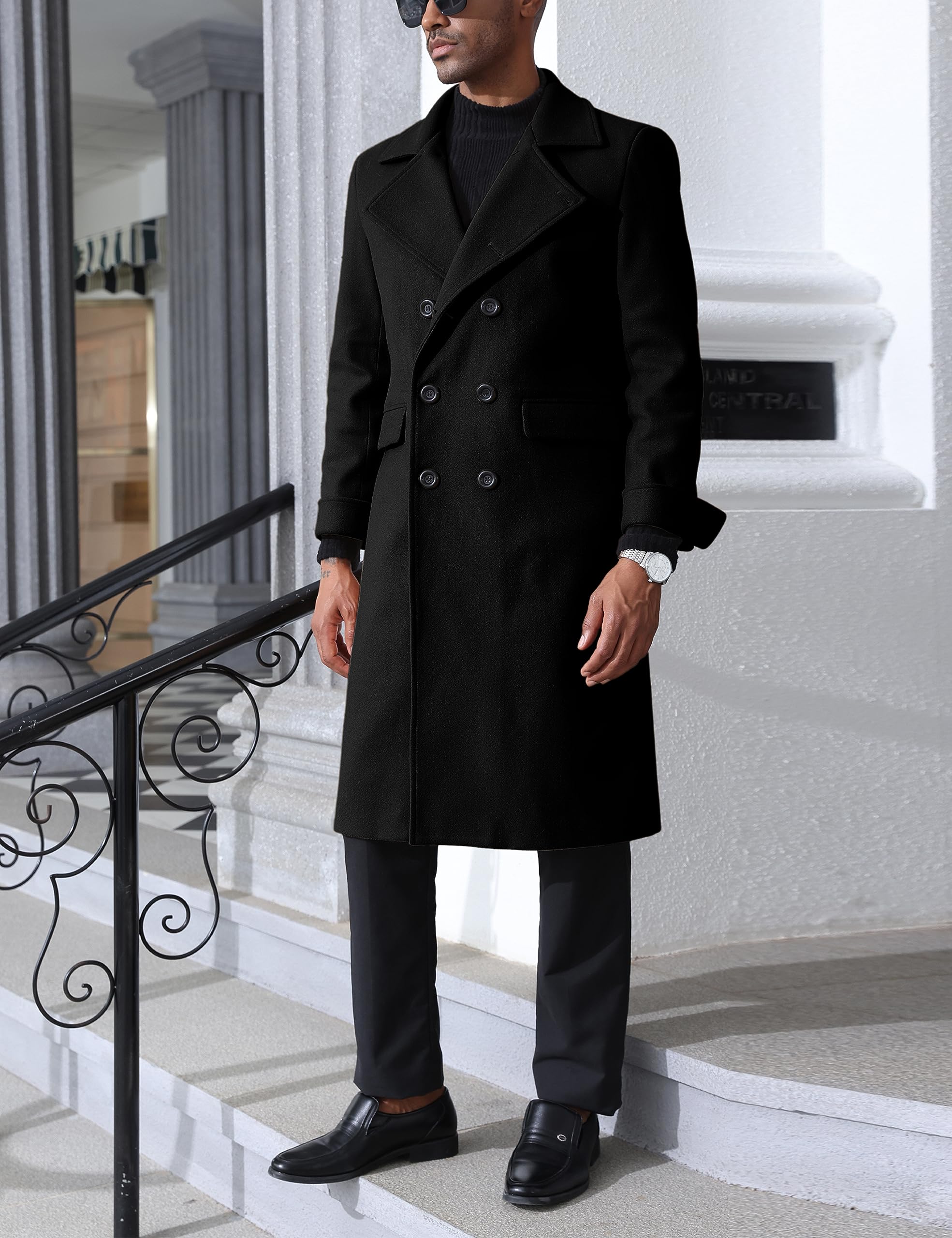 Springrain Men's Pea Coat Double Breasted Overcoat Lapel Coat Classic Long Trench Coat(Black-S)