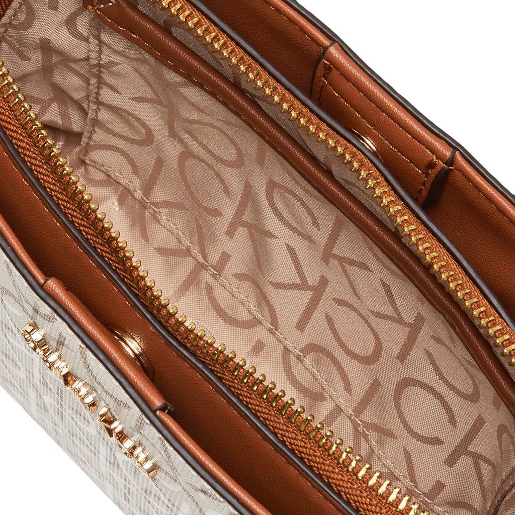 Calvin Klein Women's Lucy Triple Compartment Crossbody, Vanilla/Khaki/Caramel Embossed, One Size