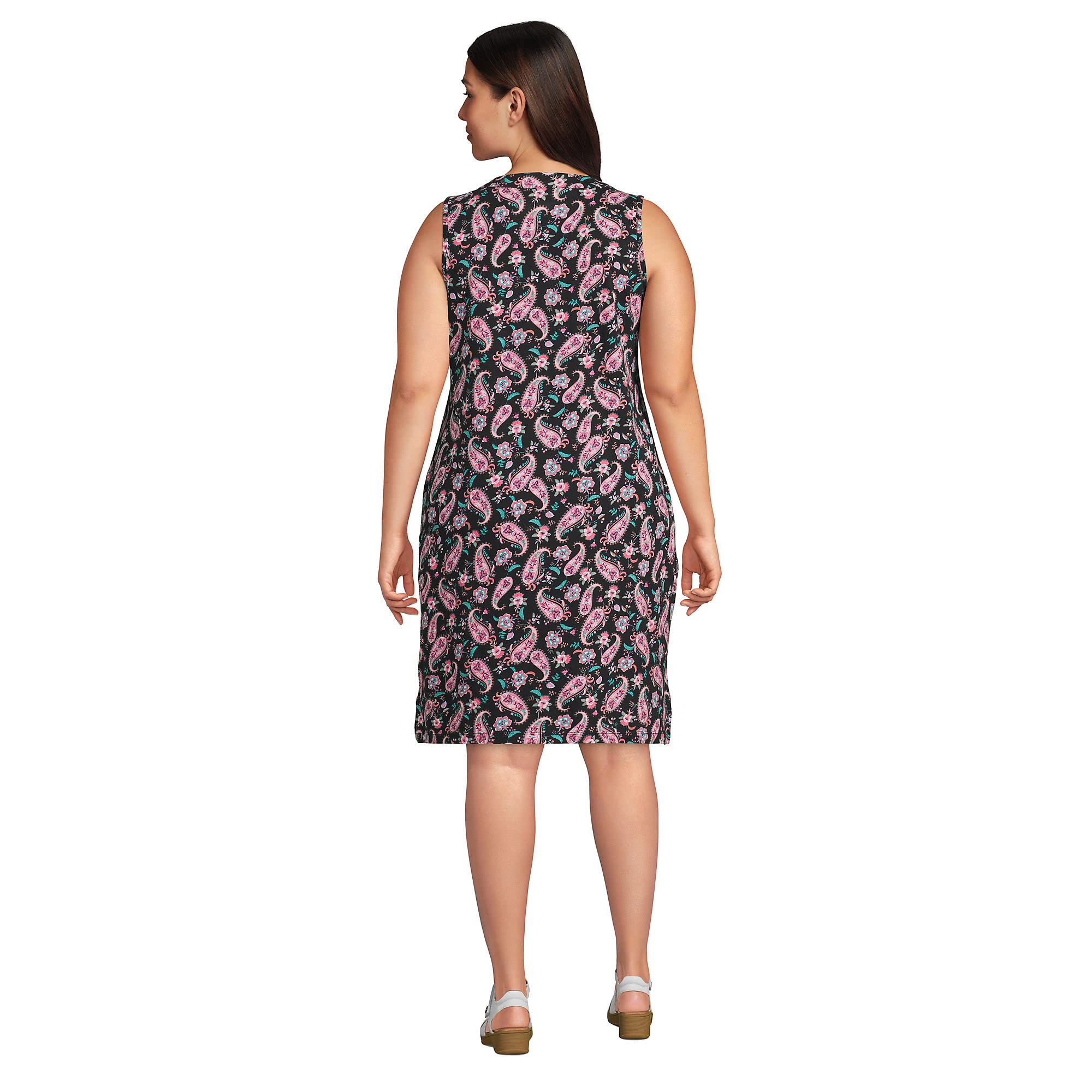 Lands' End Womens Cotton Jersey Sleeveless Cover-up Dress Colorblock Black Multi Paisley Floral Regular X-Small