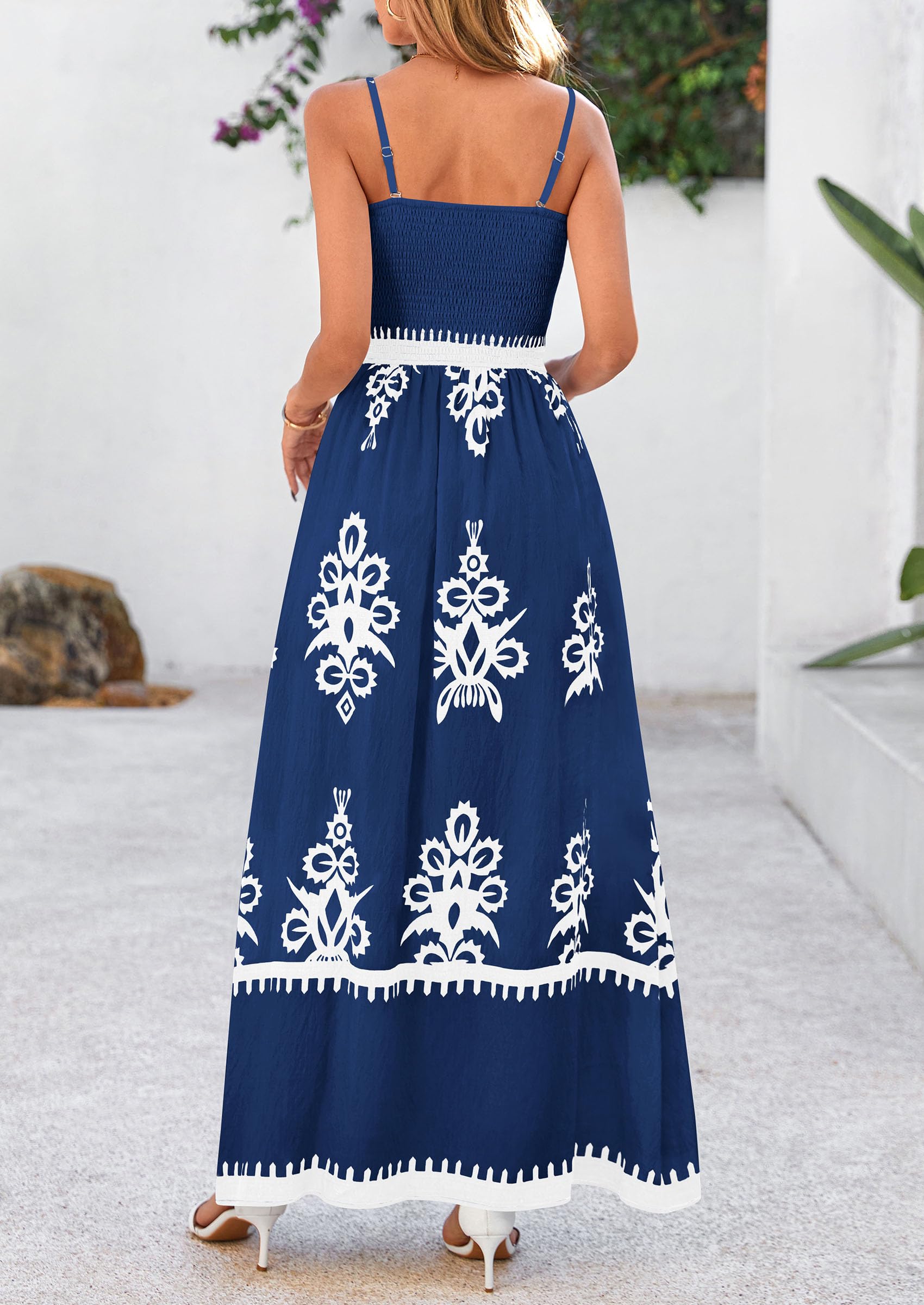 PRETTYGARDEN Summer Dress for Women 2025 Floral Sundress Spaghetti Strap Flowy Beach Vacation Boho Maxi Dresses (Dark Blue White Floral,Medium)