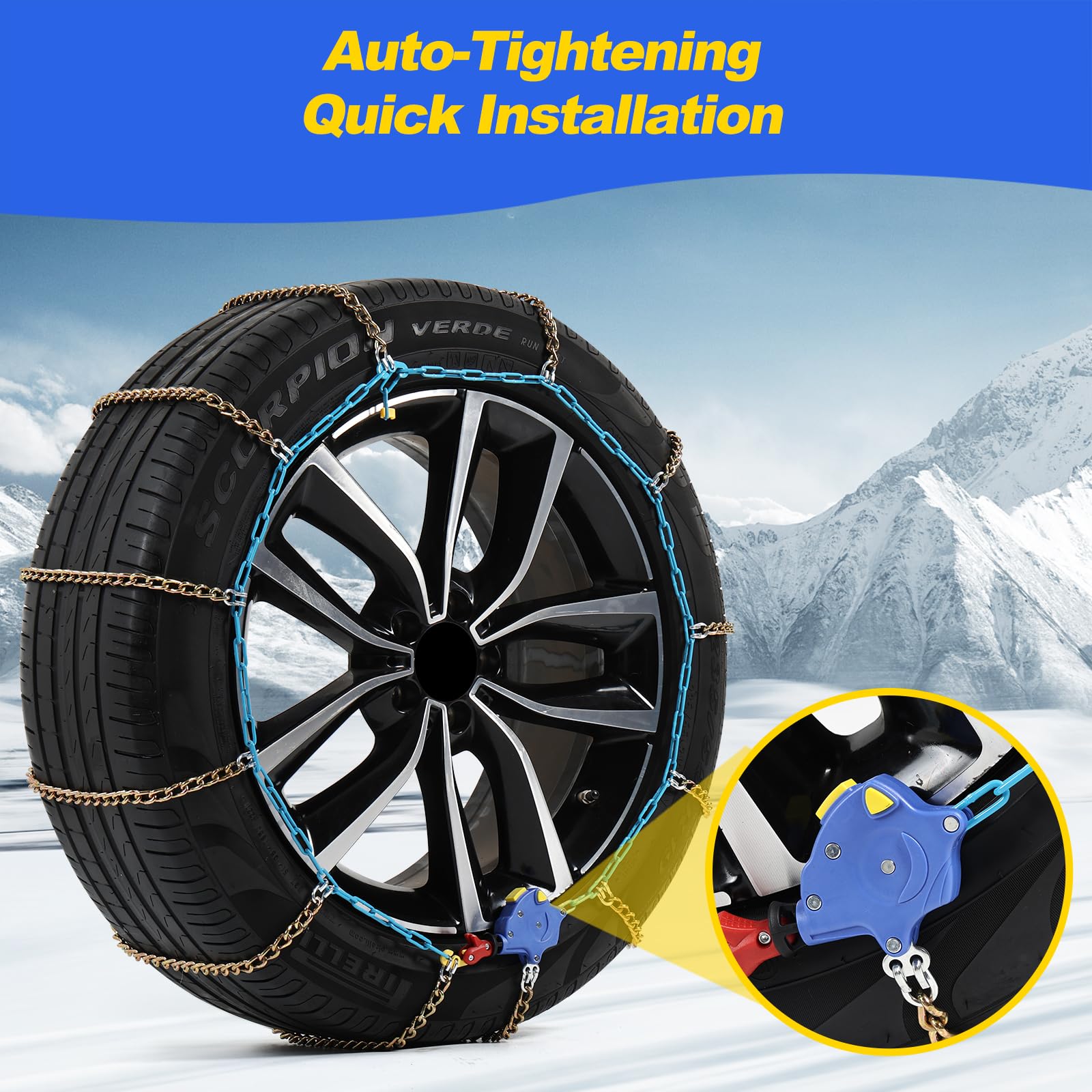 Auto Tightening Snow Chains for Cars, SUVs & Pickup Trucks – 1-Min Quick-Fit Auto Installation, Reusable Universal Emergency Traction Tire Chains – Set of 2（ALN120）