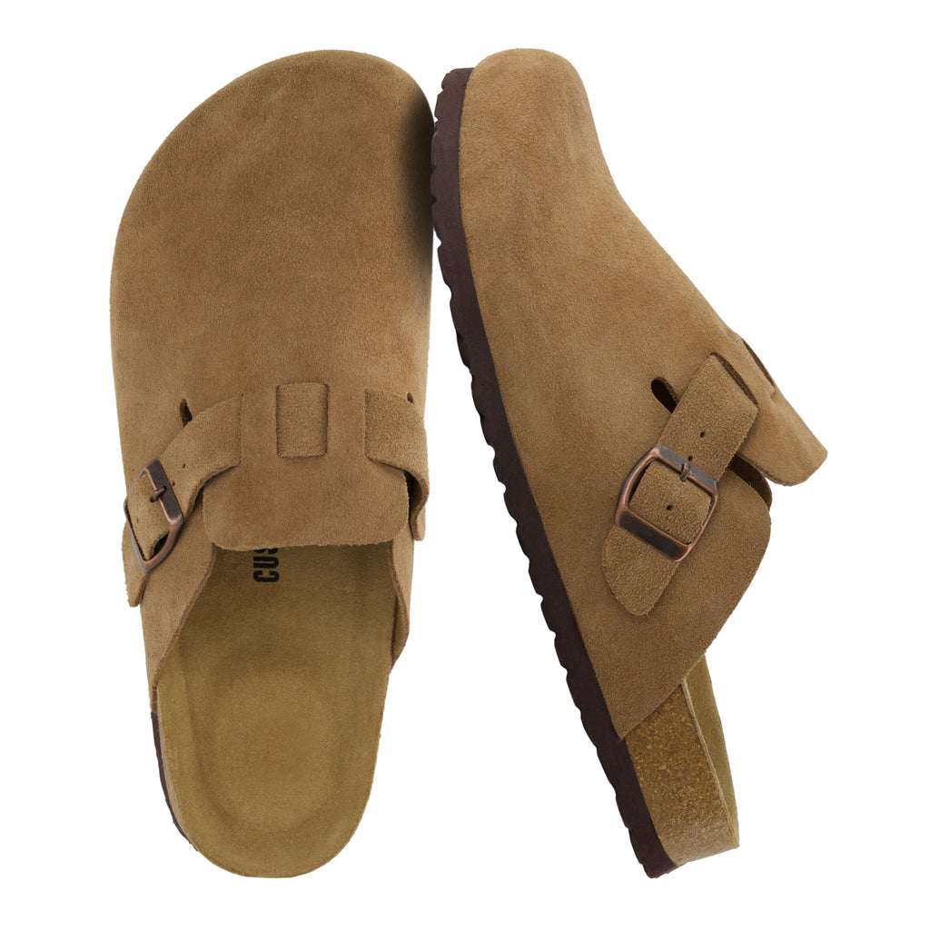 CUSHIONAIRE Haze Genuine Suede Leather Mens Clogs - Comfortable Slip On Potato Shoes for Men with Adjustable Buckle, BROWN 10