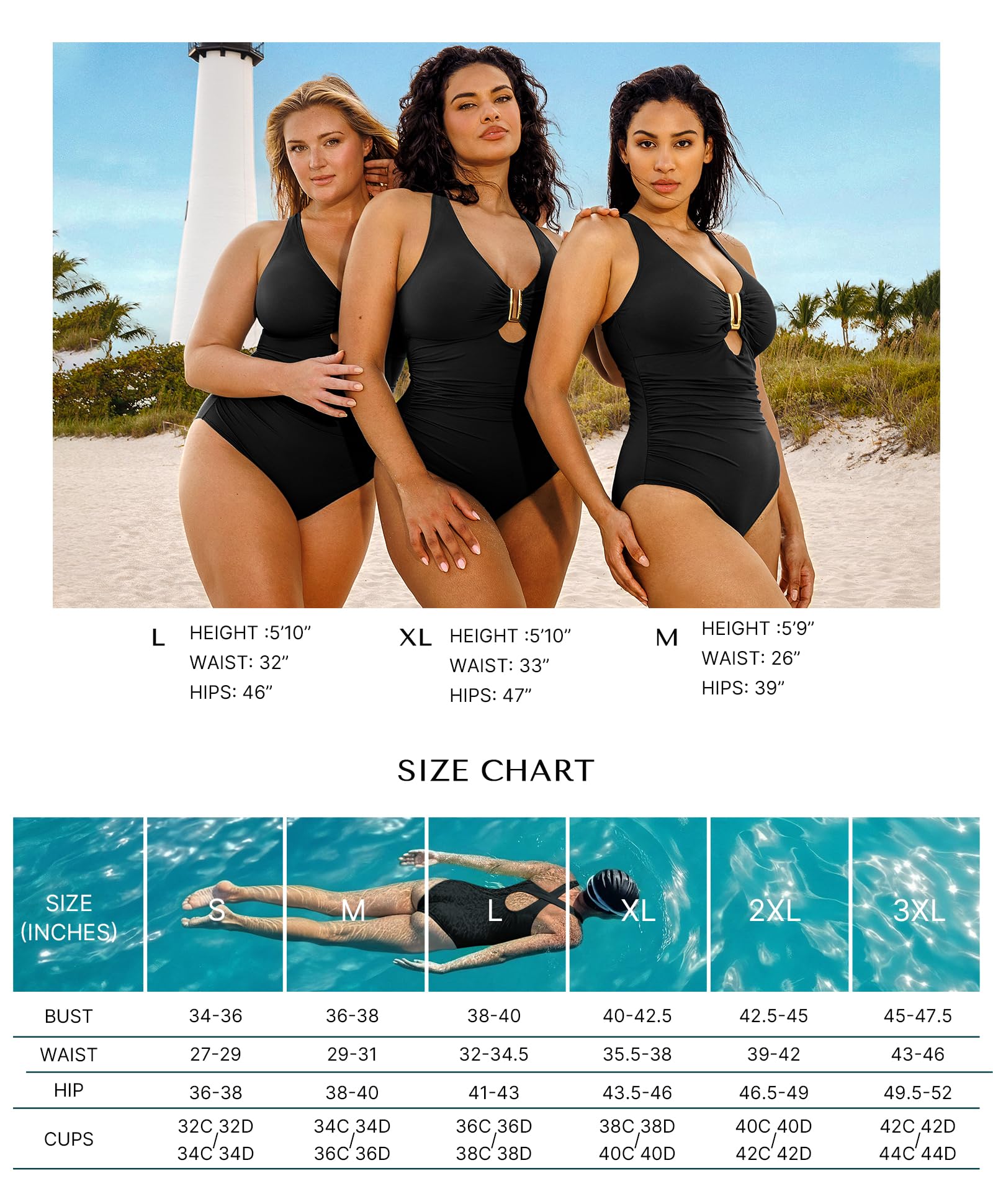 SHAPELLX Tummy Control Swimsuit for Women Ruched V Neck One Piece Bathing Suit Full Coverage Shapewear Swimsuits Black L