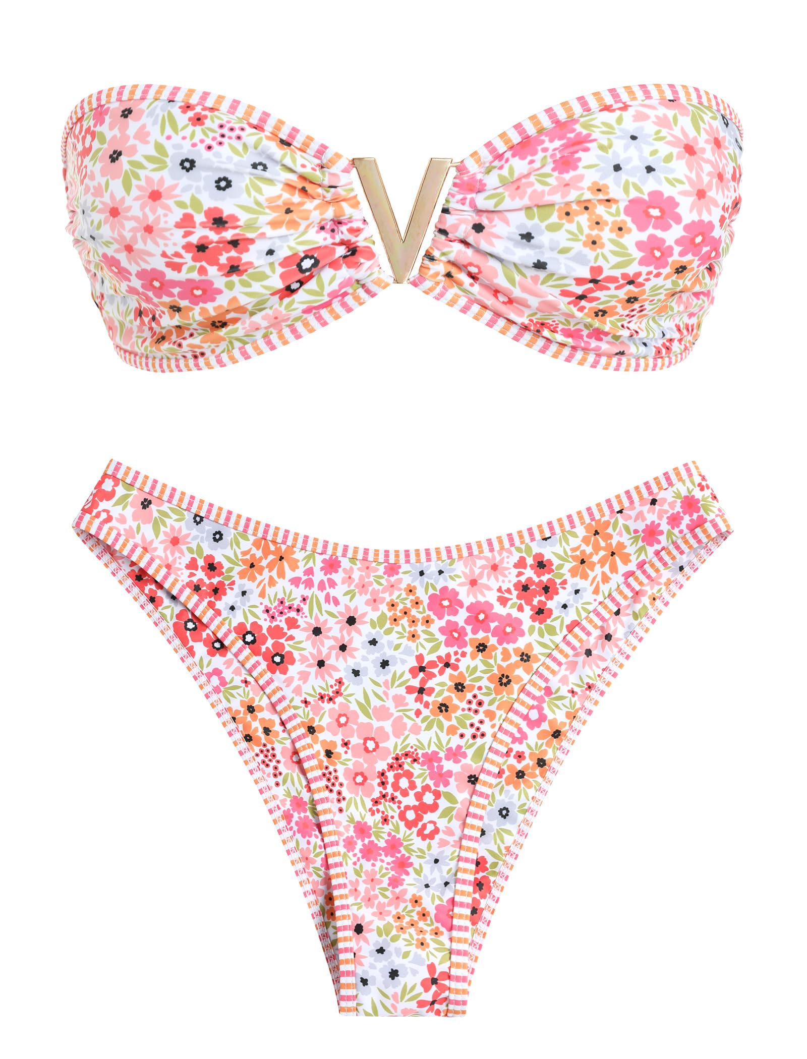 ZAFUL Women's Bandeau Bikini V Strapless Confetti Colorblock Tie Back High Cut Two Piece Swimsuit Bathing Suits (1-Floral Pink, M)