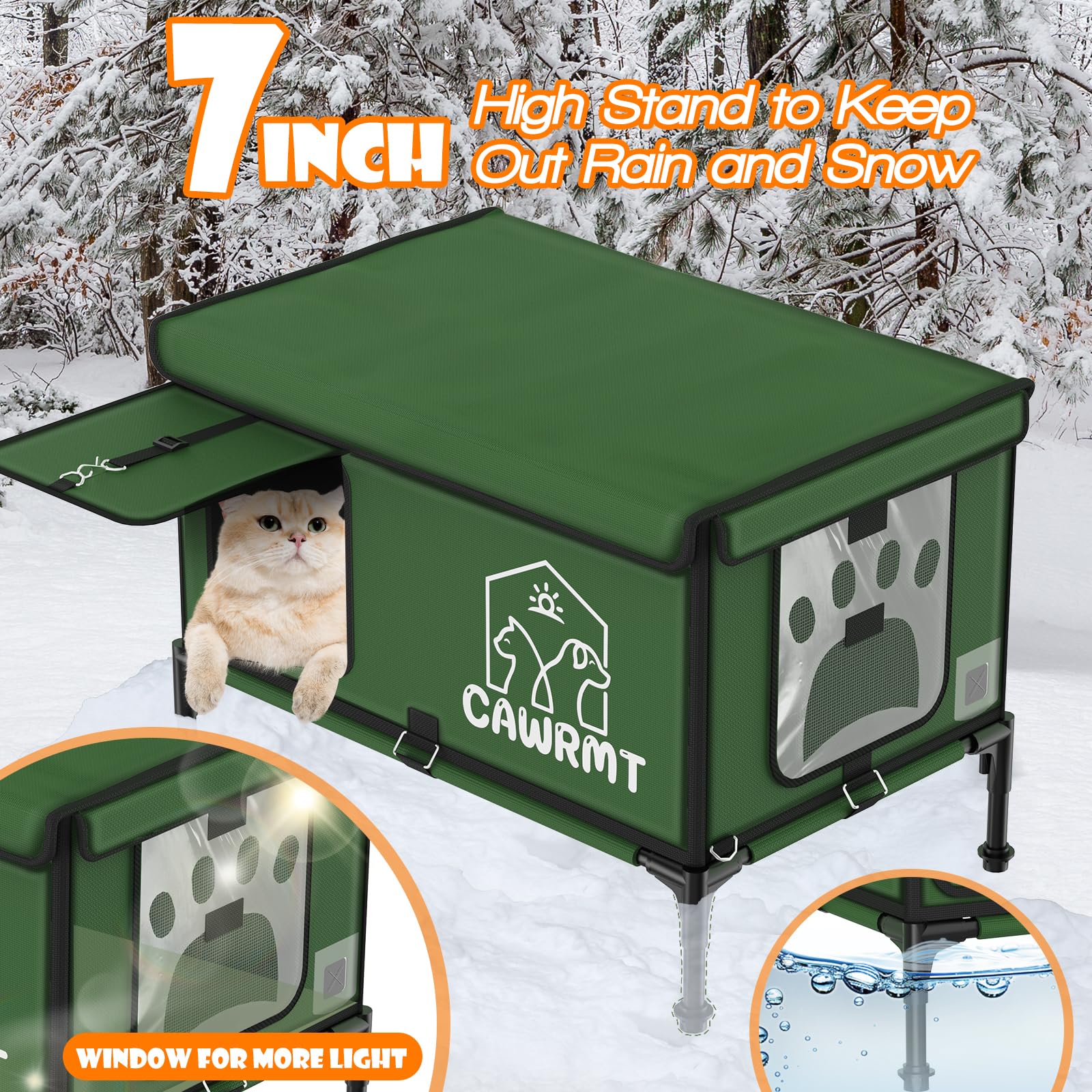 Outdoor Cat House, Waterproof Heated Elevated Cat House for Outside with a Heating Pad, Protect Stray Animal from Rain Snow Hailstone Easy Assembly (Green, Large-21.65 * 13.77 * 18.7)