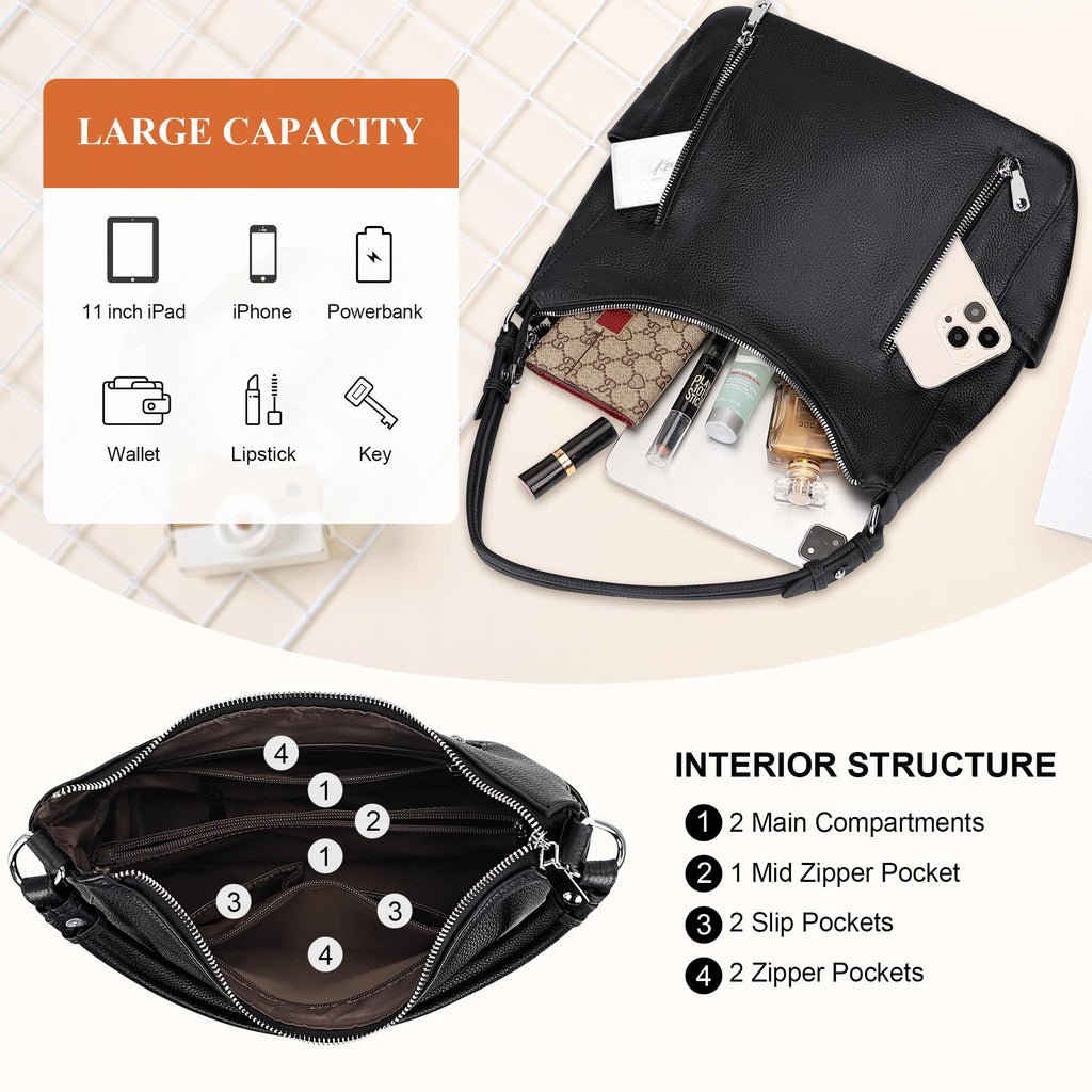 Over Earth Genuine Leather Purses for Women Medium Hobo Bag Lady Crossbody Handbags with 2 Detachable Straps(O150E UG Black)