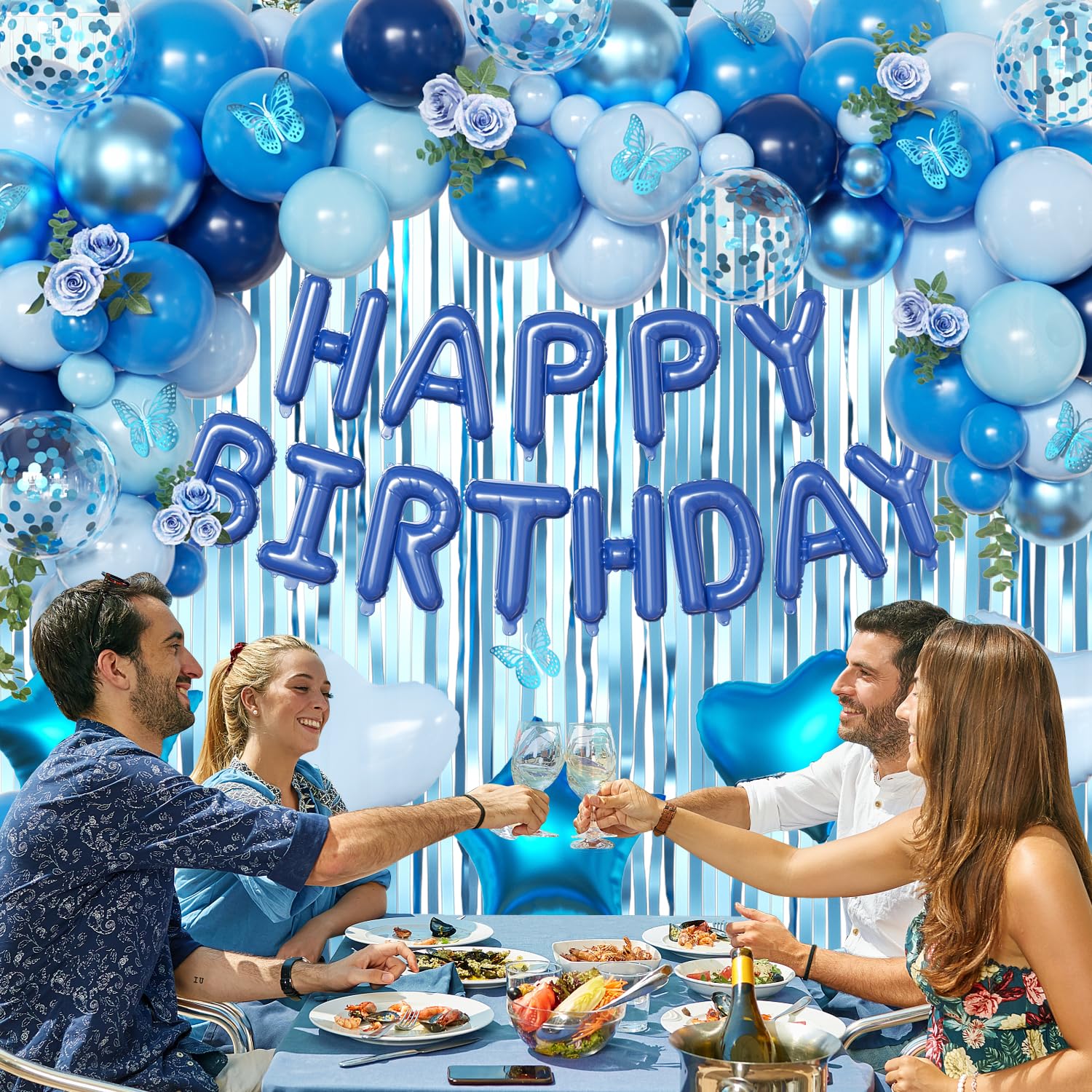 Navy Blue Birthday Decorations for Men Boys, Navy Blue Macaron Light Metallic Blue Confetti Balloons Happy Birthday Banner Butterfly Fringe Curtains for 21st 25th 30th Birthday Decorations